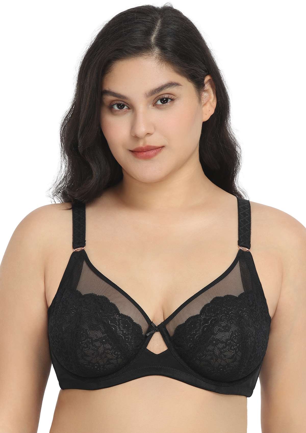 HSIA Nymphaea Cut-out Floral Lace Mesh Minimizer Bra - Black / 44 / DDD/F