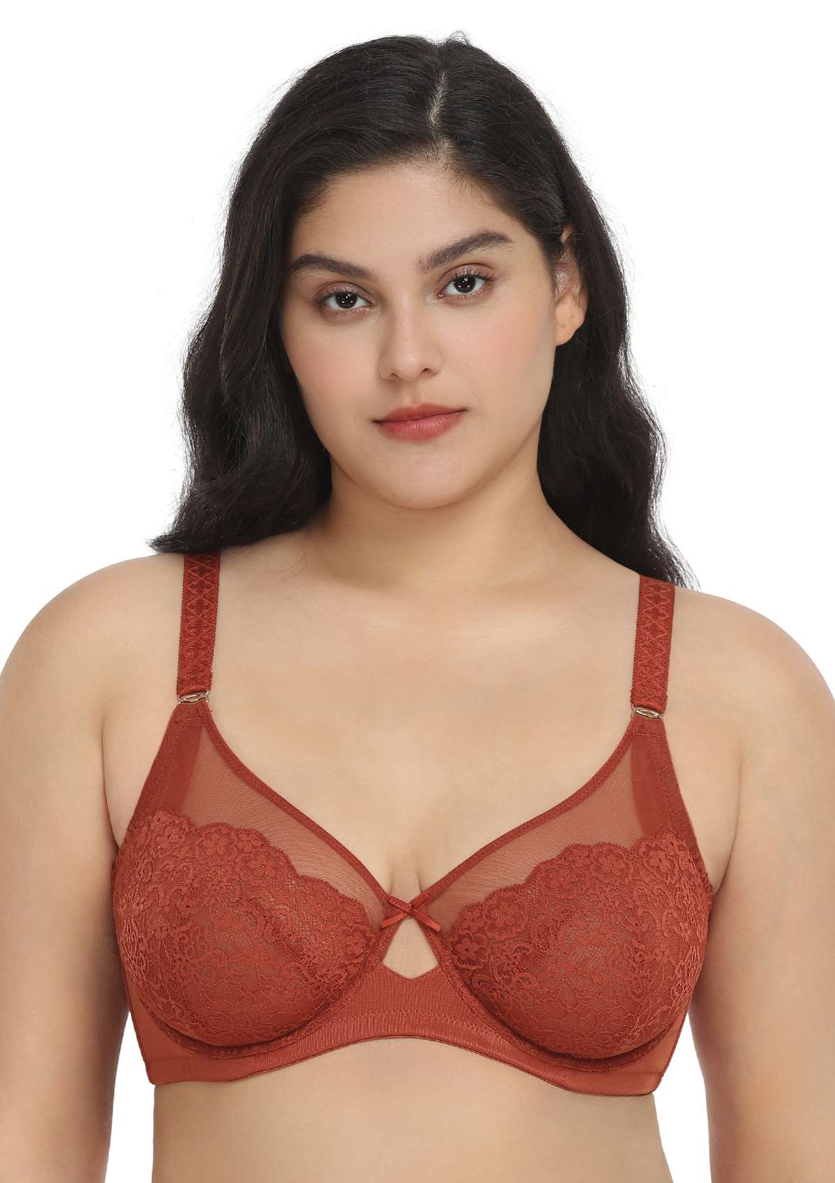 HSIA Nymphaea Cut-out Floral Lace Mesh Minimizer Bra - Copper Red / 42 / C