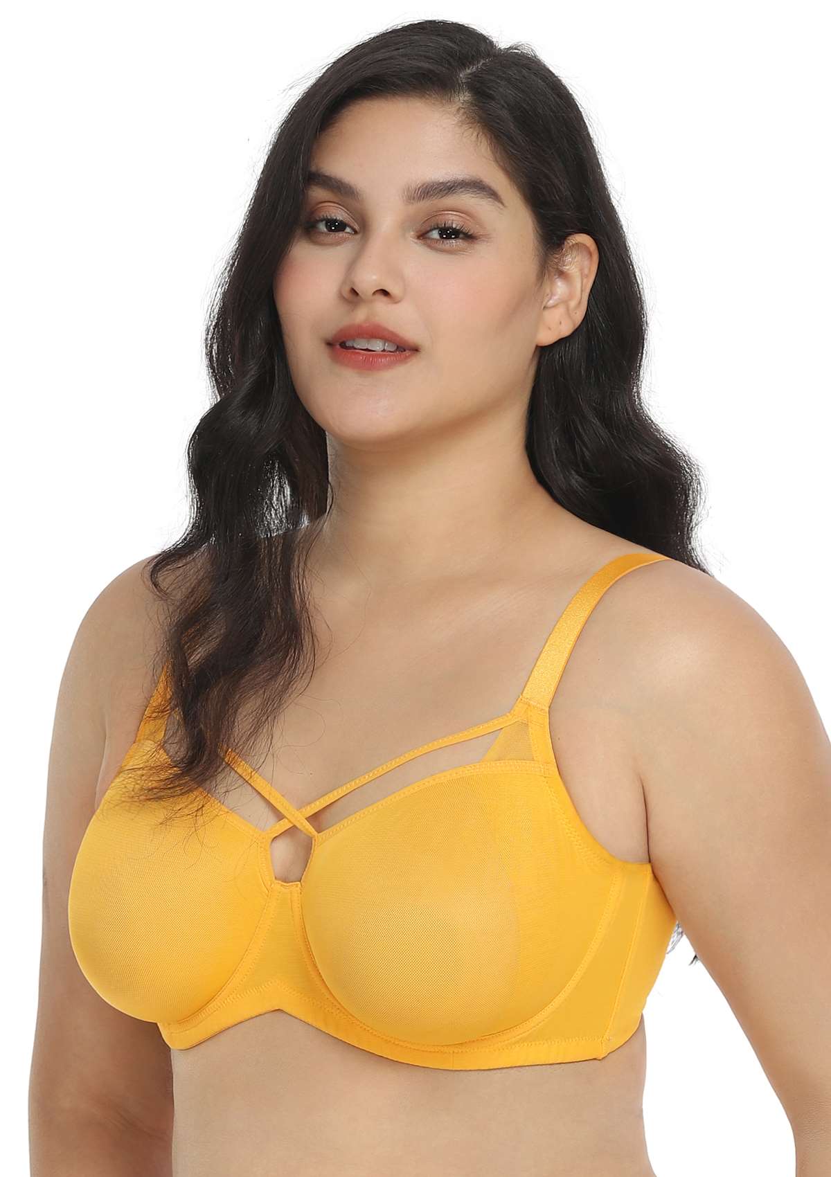 HSIA Billie Cross Front Strap Smooth Sheer Mesh Comfy Underwire Bra - Yellow / 40 / DDD/F