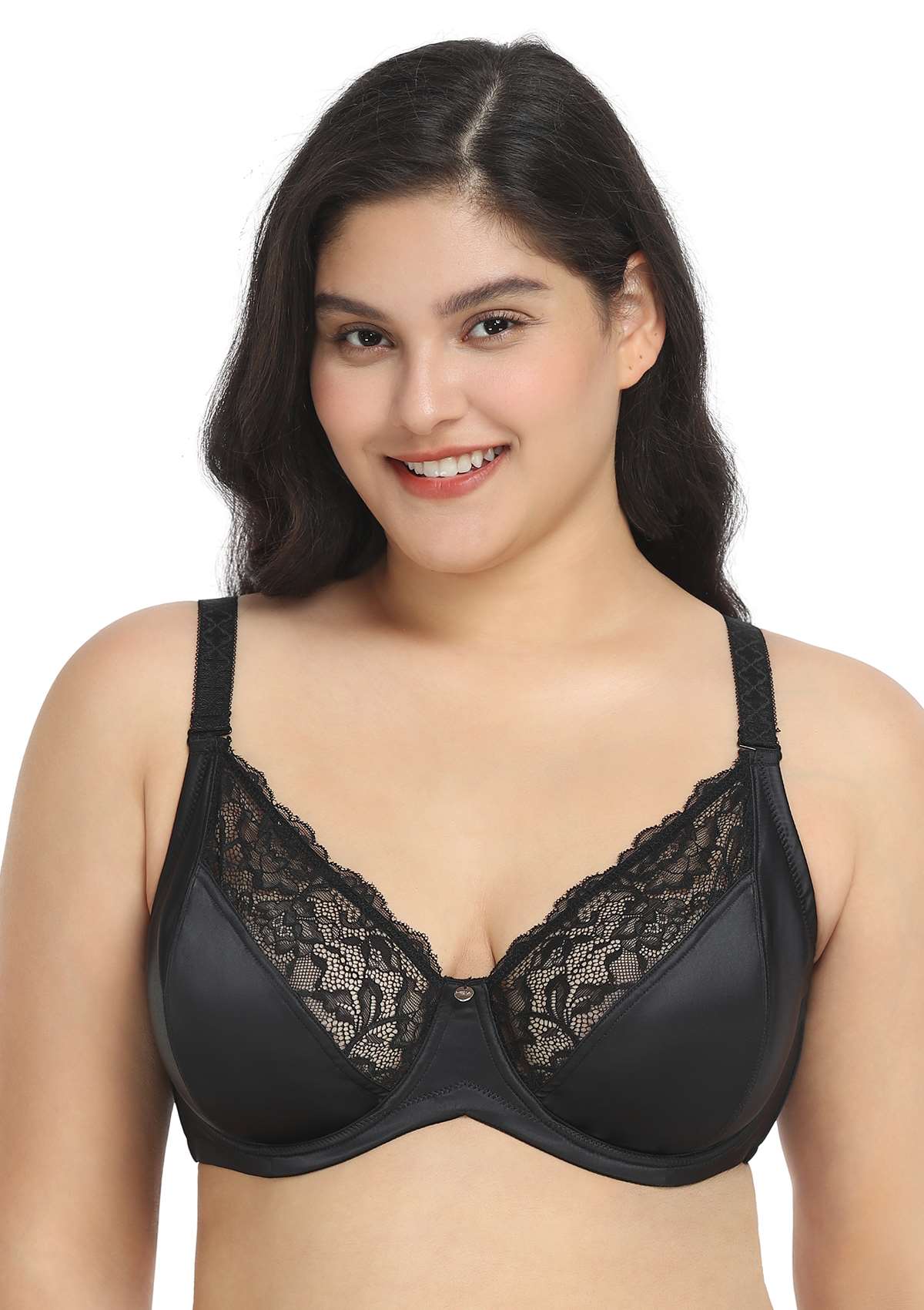 HSIA Foxy Satin Silky Full Coverage Underwire Bra With Floral Lace Trim - Black / 42 / H