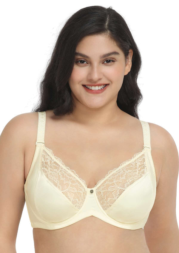 HSIA Foxy Satin Silky Full Coverage Underwire Bra With Floral Lace Trim - Champagne / 42 / DDD/F