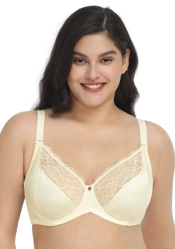 HSIA Foxy Satin Silky Full Coverage Underwire Bra With Floral Lace Trim - Champagne / 44 / D