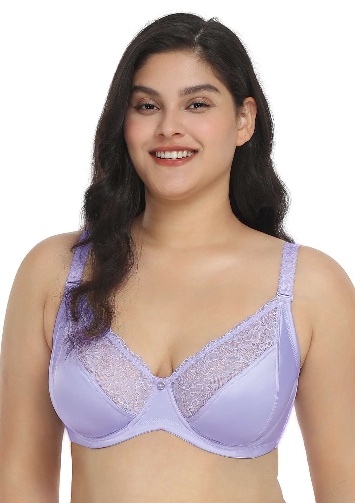 HSIA Foxy Satin Silky Full Coverage Underwire Bra With Floral Lace Trim - Purple / 44 / D