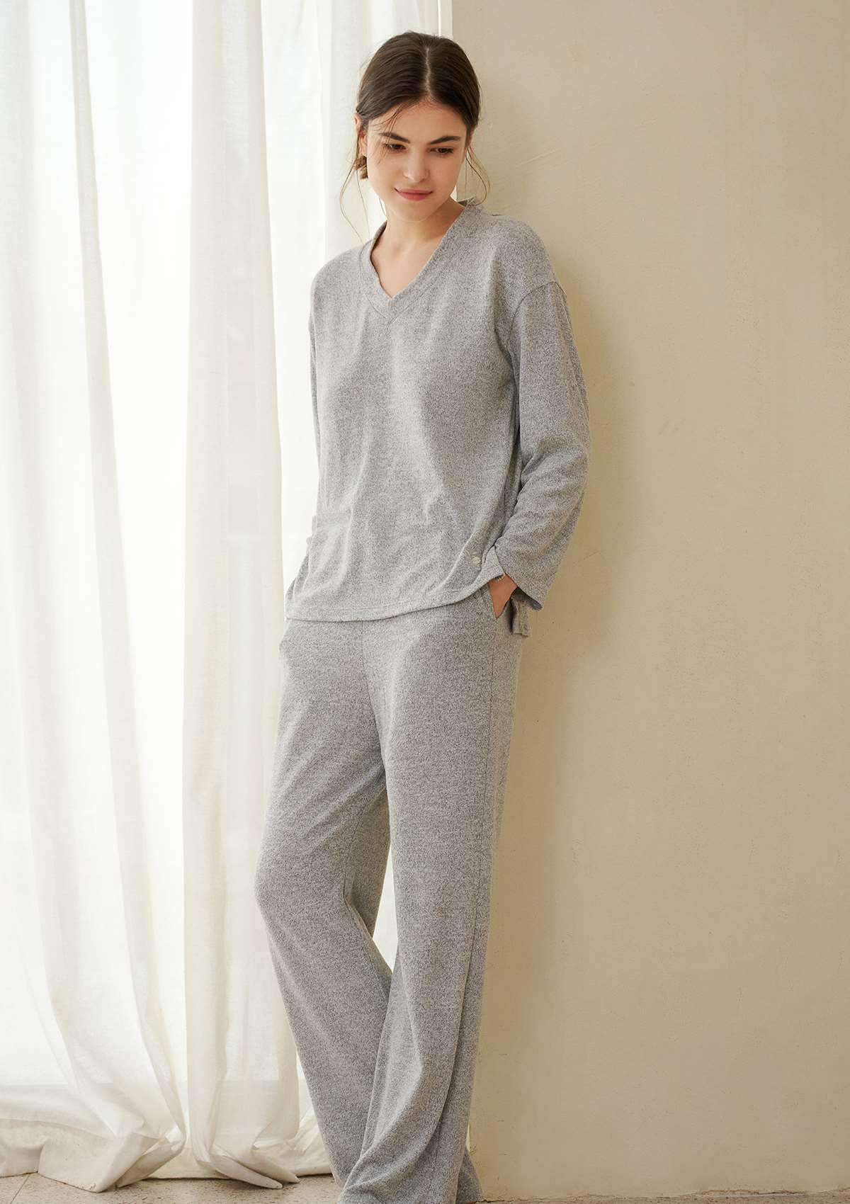 HSIA Knit Long Sleeve Pajama Set - Set / XS / Gray