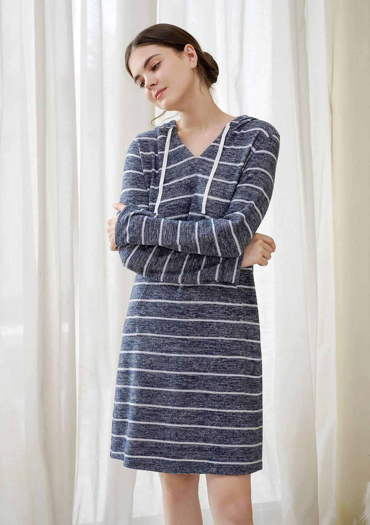 HSIA Brushed Hoodie Striped Sleepshirt - M / Blue