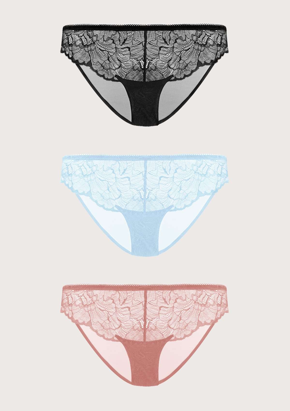 HSIA Blossom Lace Mesh Bikini Underwears 3 Pack - M / Black+White+Dusty Peach