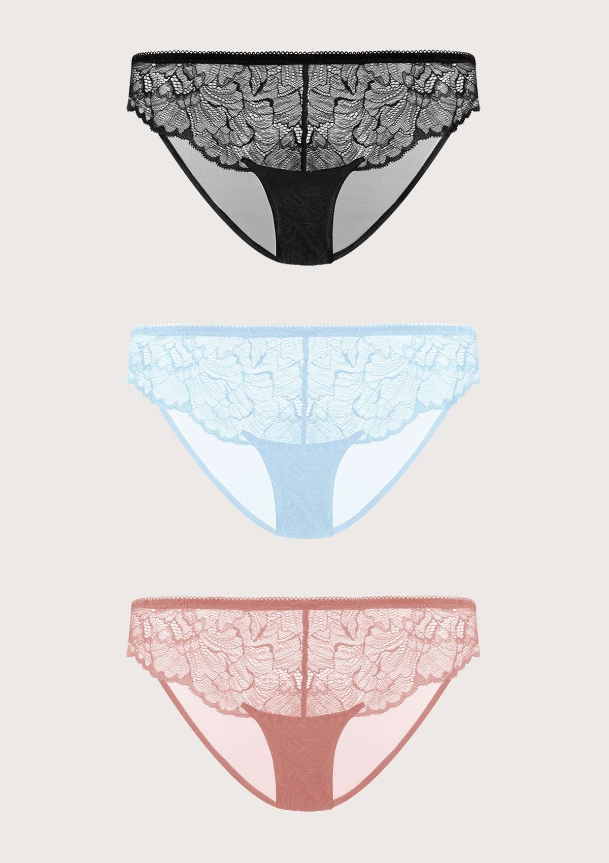 HSIA Blossom Lace Mesh Bikini Underwears 3 Pack - XXXL / Black+Biscay Blue+Dark Pink