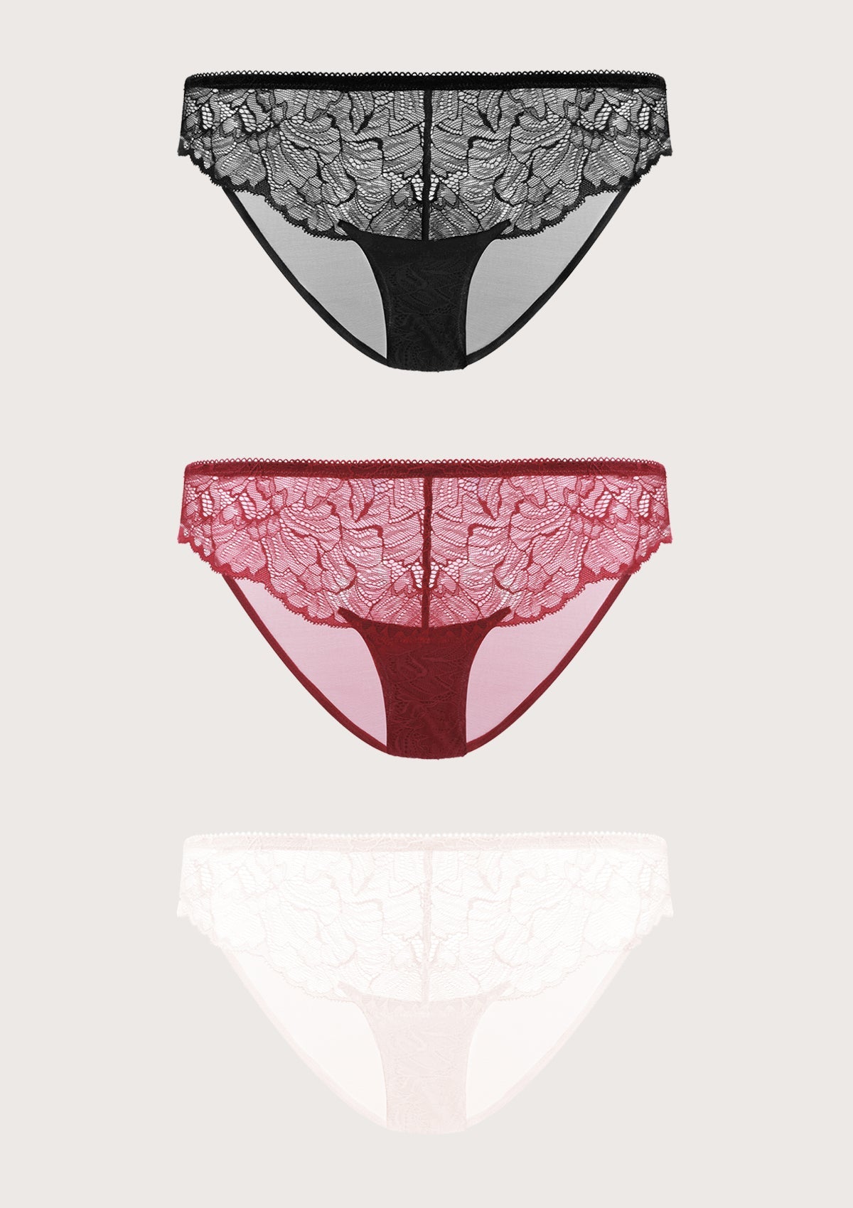 HSIA Blossom Lace Mesh Bikini Underwears 3 Pack - L / Black+Dark Pink+Purple