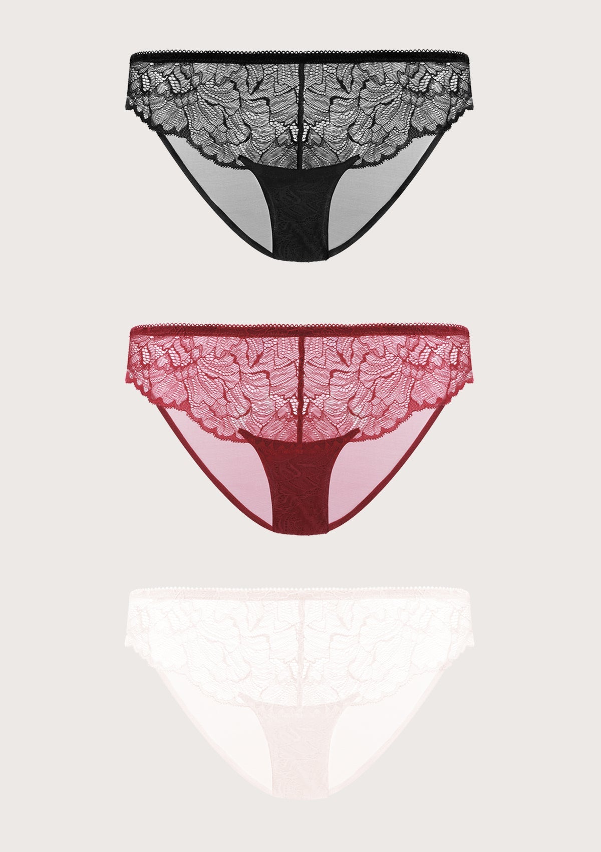 HSIA Blossom Lace Mesh Bikini Underwears 3 Pack - XL / Black+Dark Pink+Purple