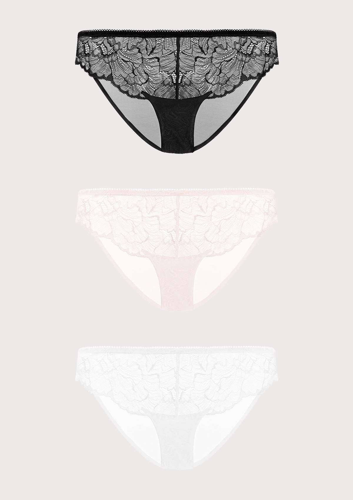 HSIA Blossom Lace Mesh Bikini Underwears 3 Pack - M / Black+Dark Pink+Purple