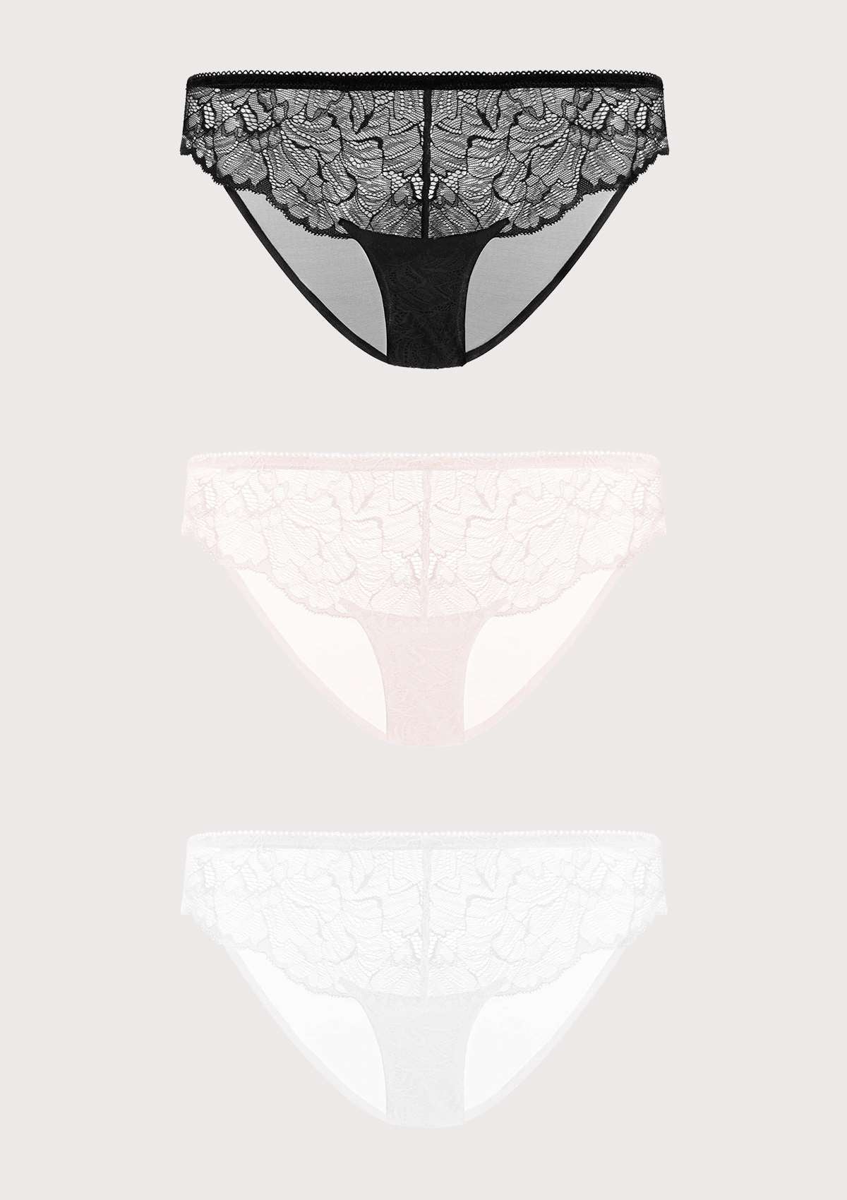 HSIA Blossom Lace Mesh Bikini Underwears 3 Pack - M / Black+White+Dusty Peach