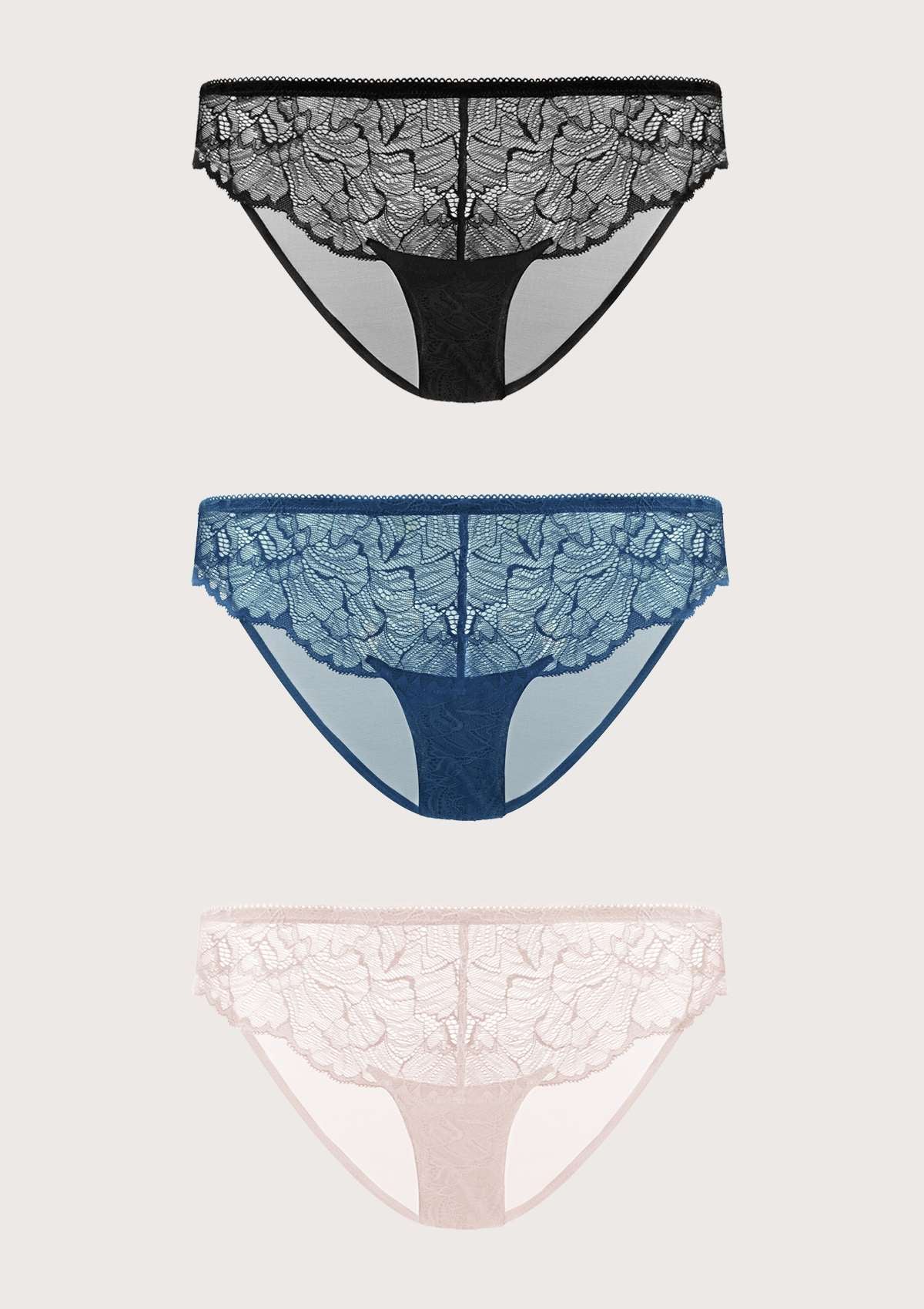 HSIA Blossom Lace Mesh Bikini Underwears 3 Pack - XXXL / Black+Biscay Blue+Dark Pink