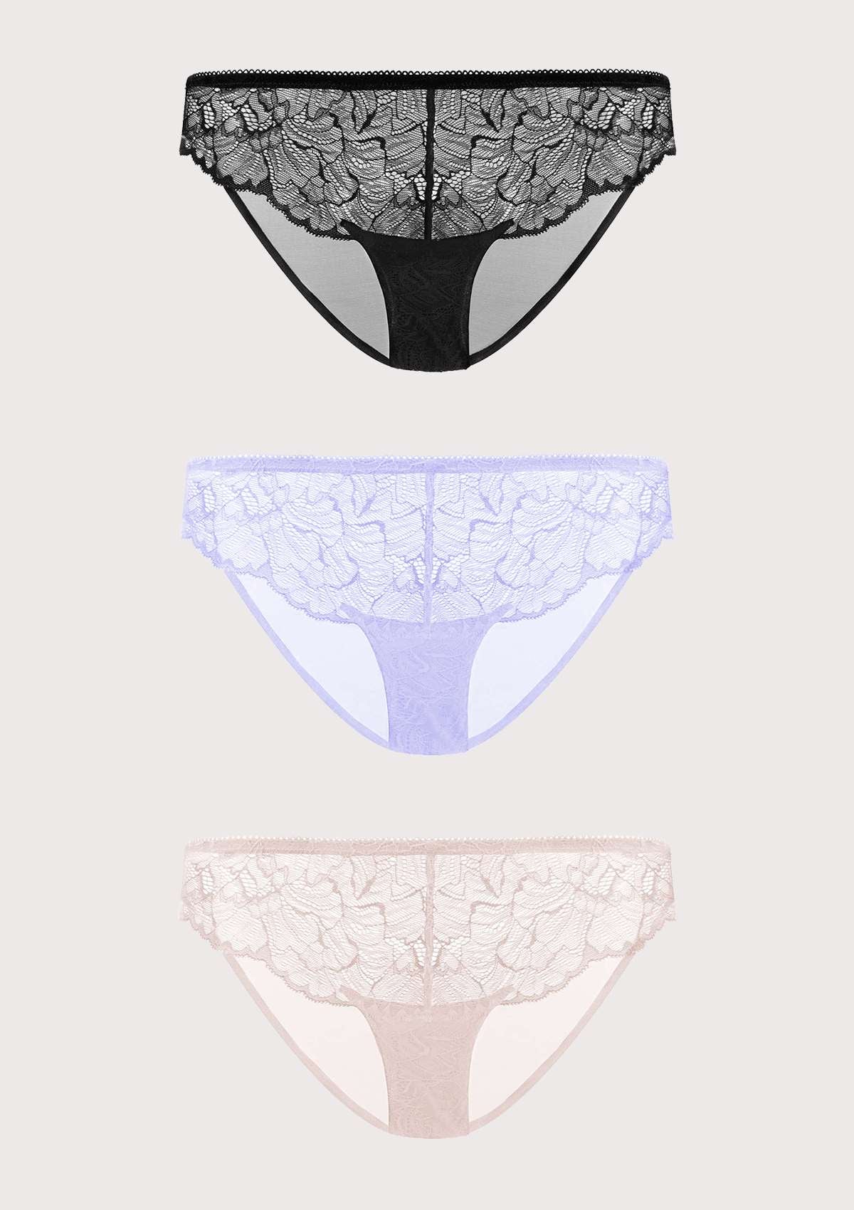 HSIA Blossom Lace Mesh Bikini Underwears 3 Pack - M / Black+White+Dusty Peach