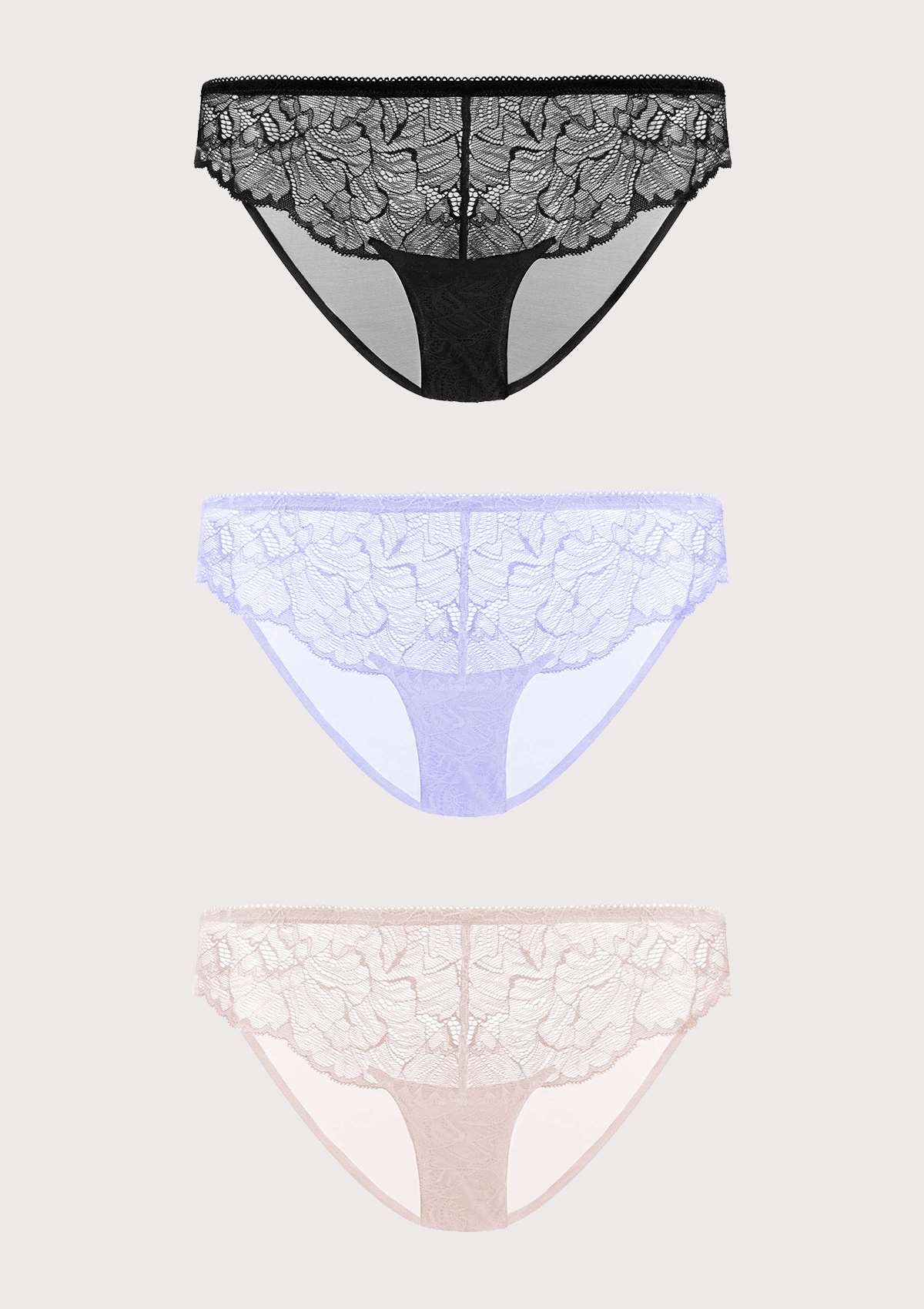 HSIA Blossom Lace Mesh Bikini Underwears 3 Pack - XL / Black+White+Dusty Peach