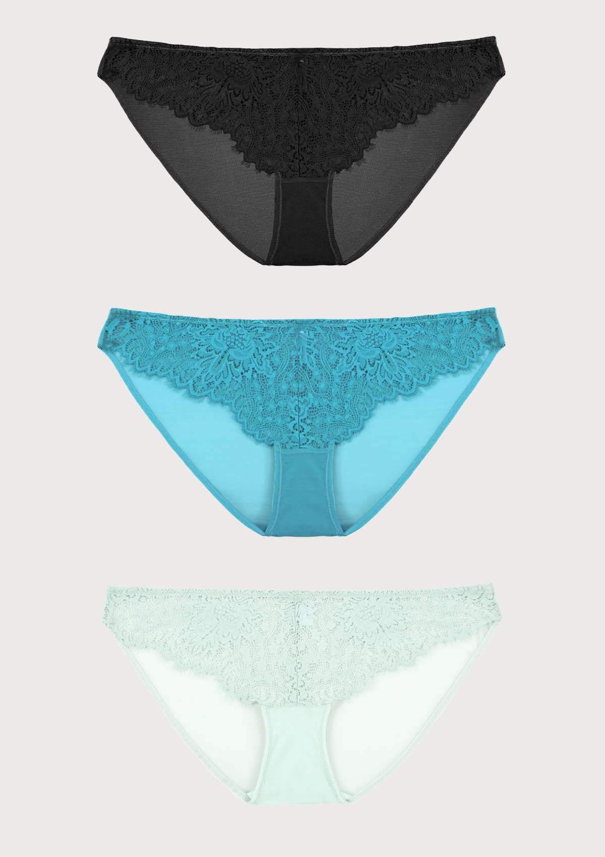 HSIA Sunflower Exquisite Lighweight Soft Lace Bikini Panties 3 Pack - M / Black+Horizon Blue+Crystal Blue