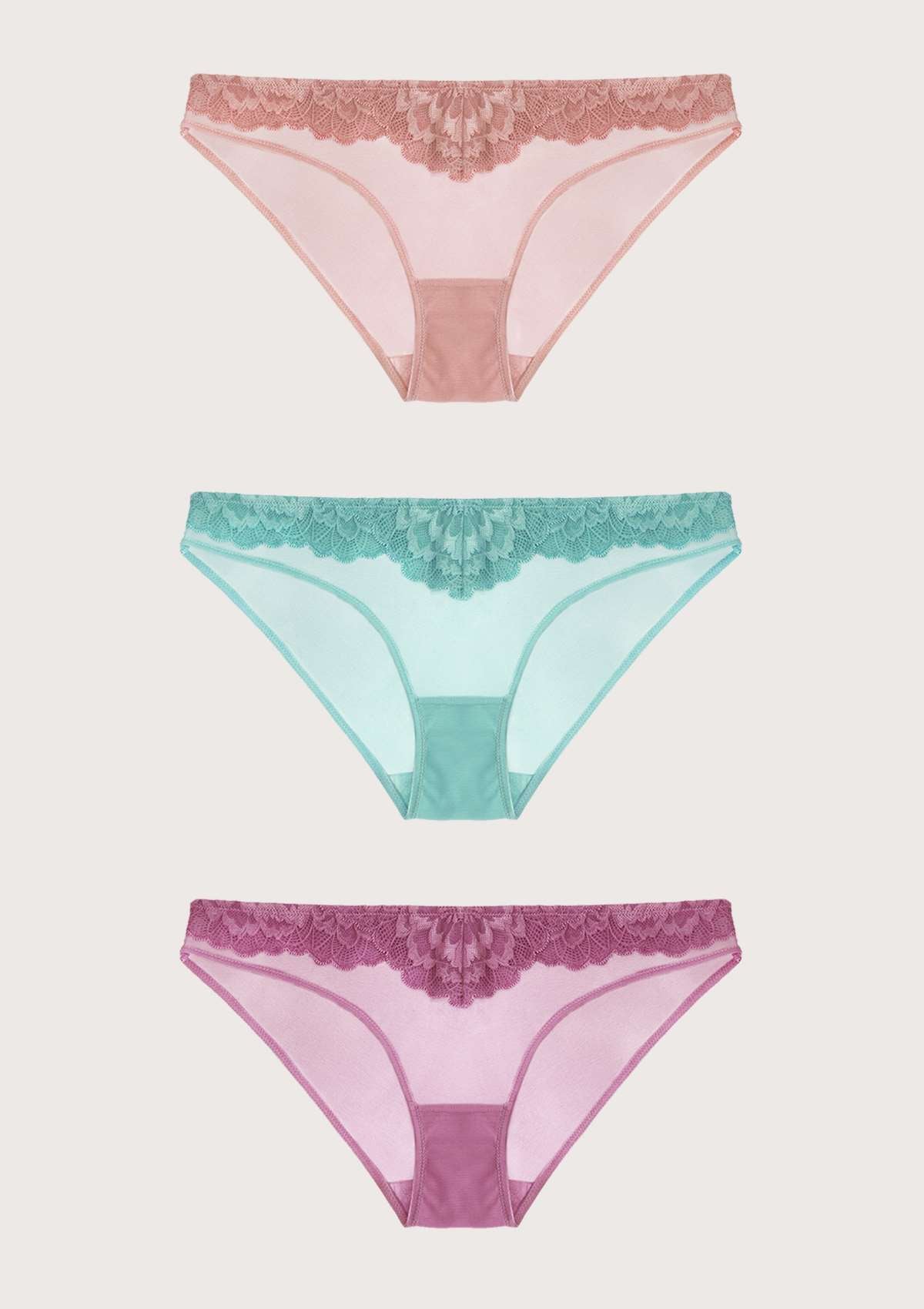 HSIA Peony Lace Mesh Everyday Bikini Underwear 3 Pack - S / Light Coral+Green+Purple