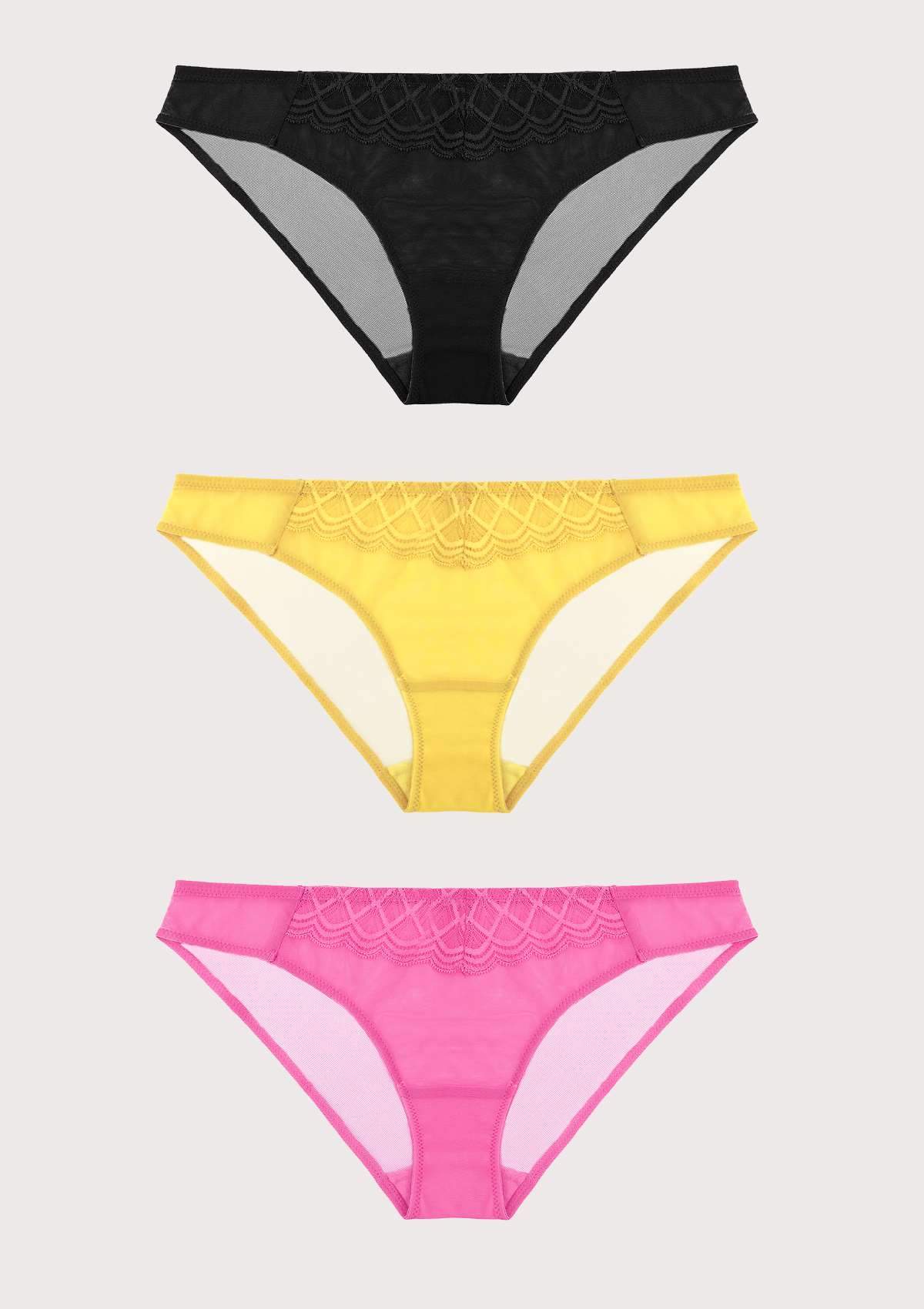 HSIA Plaid Lace Bikini Panties 3 Pack - M / Black+Yellow+Pink