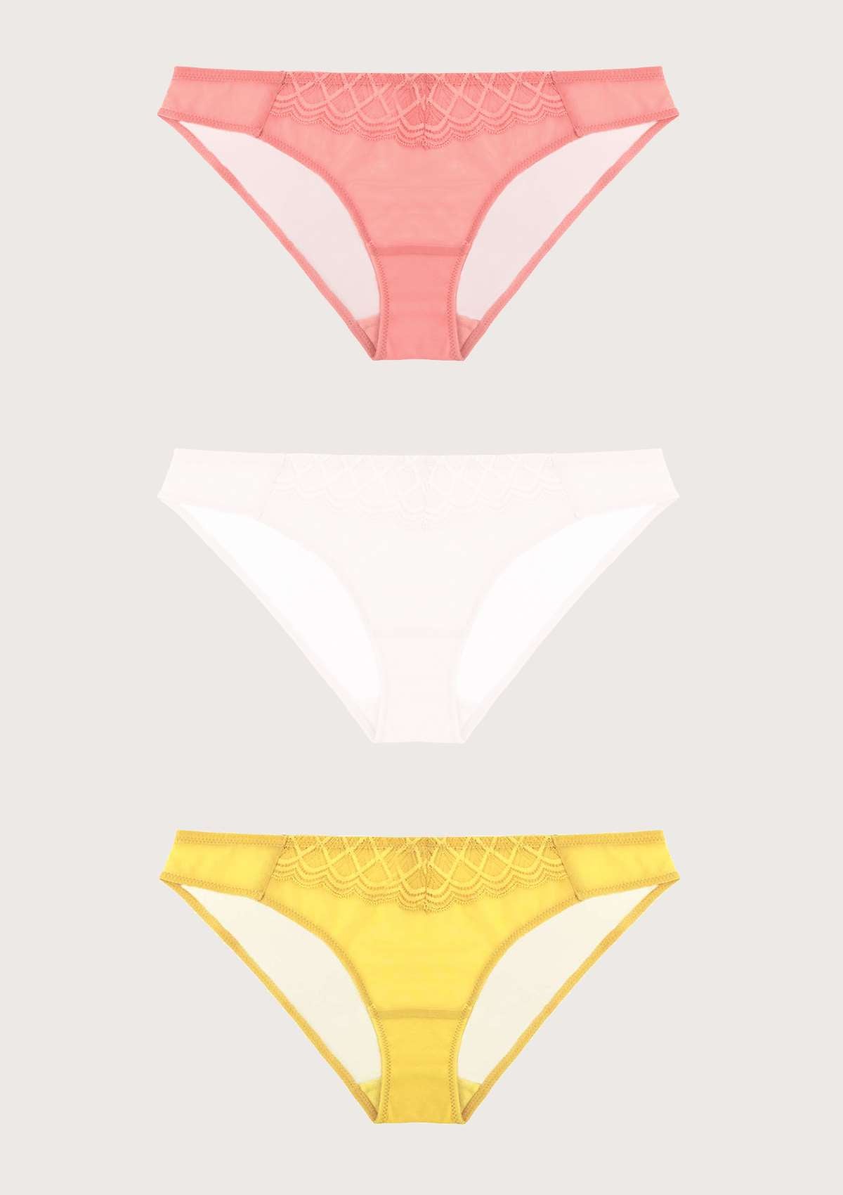 HSIA Plaid Lace Bikini Panties 3 Pack - M / Coral+White+Yellow