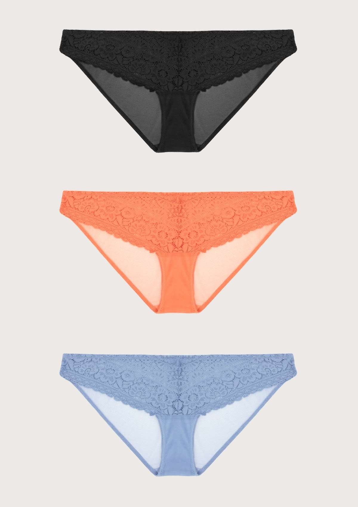 HSIA Leaf Flower Lace Bikini Panties 3 Pack - XXL / Black+Orange+Blue