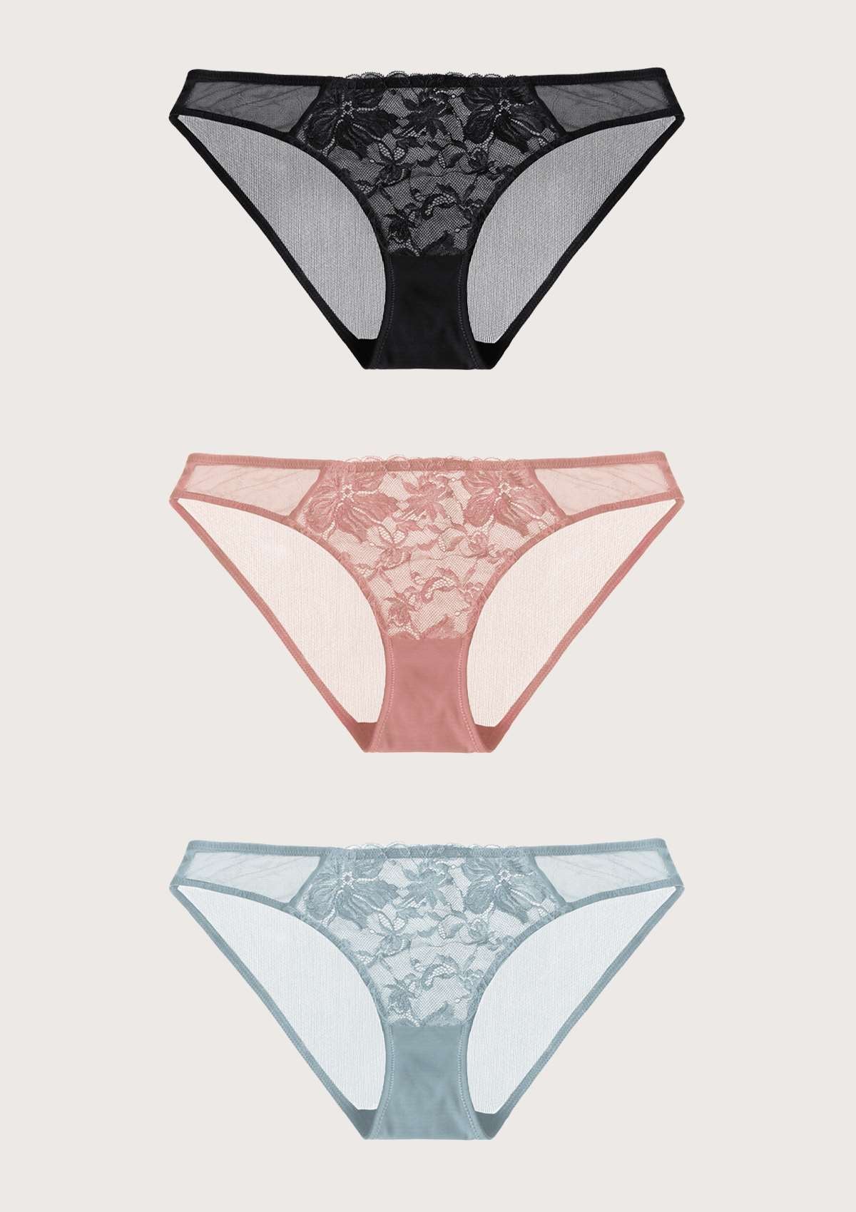 HSIA Pretty In Petals Breathable Sexy Lace Bikini Underwears 3 Pack - L / Black+Light Coral+Pewter Blue