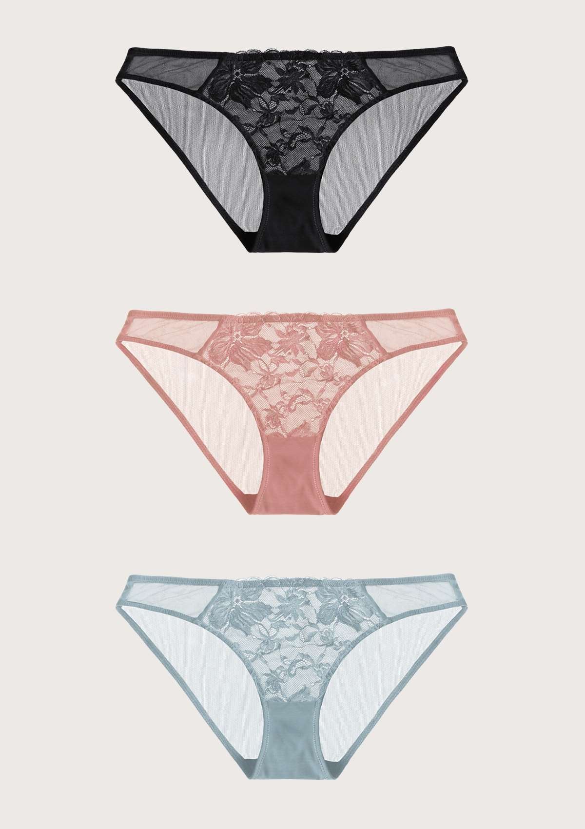 HSIA Pretty In Petals Breathable Sexy Lace Bikini Underwears 3 Pack - M / Black+Light Coral+Pewter Blue