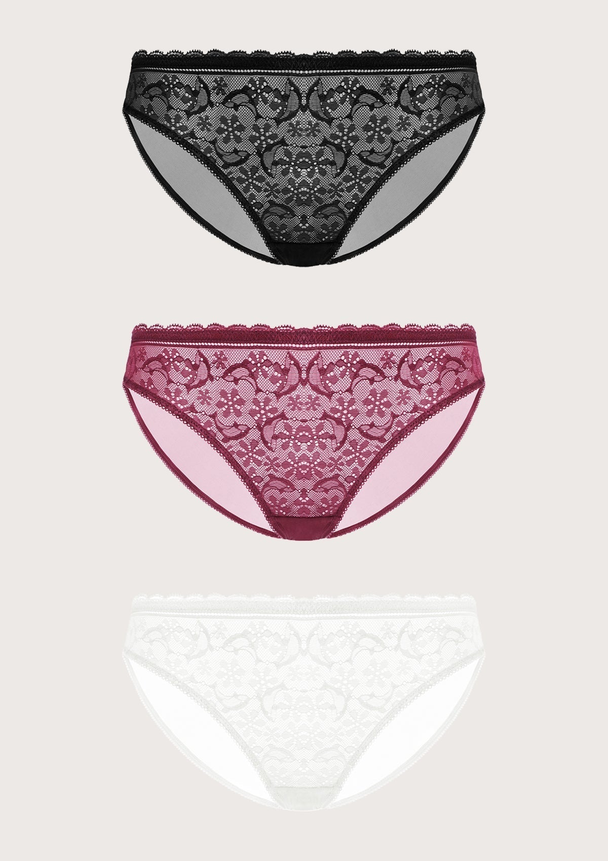 HSIA Anemone Lace Dolphin-Patterned Front And Mesh Back Panties-3 Pack - L / Black+Burgundy+White