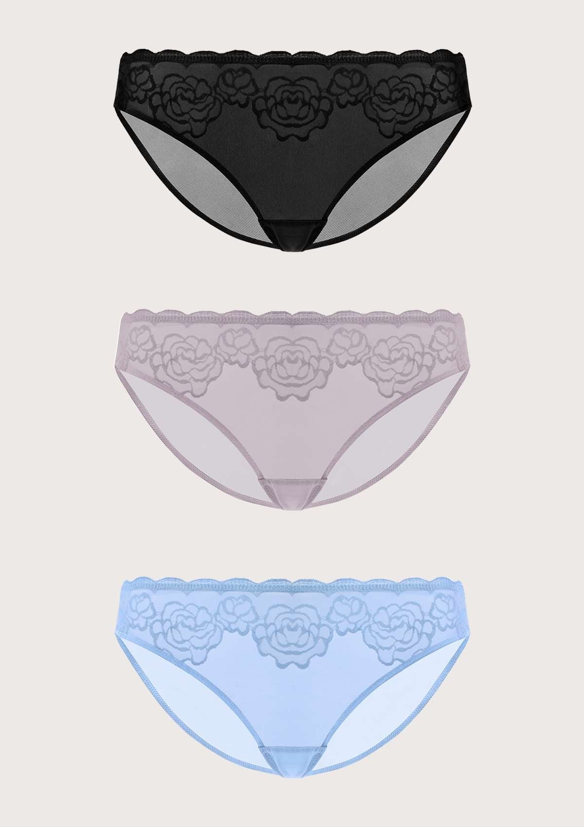 HSIA Retro Rose-patterned Lace Bikini Underwear 3 Pack - XL / Black+Blue+Purple