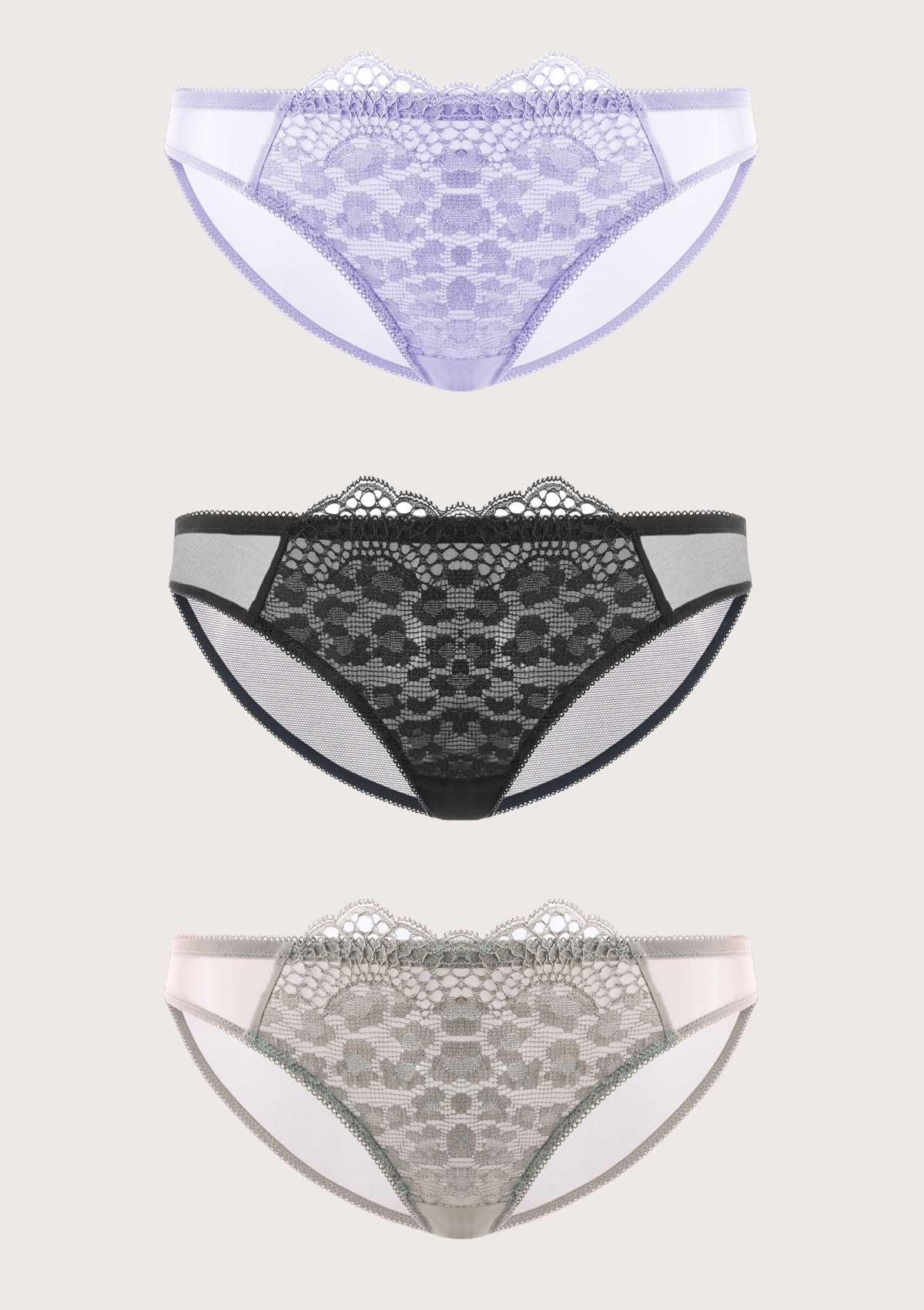 HSIA Leopard-Print Lace Front Mesh Back Bikini Panties - 3 Pack - S / Purple+Black+Gray