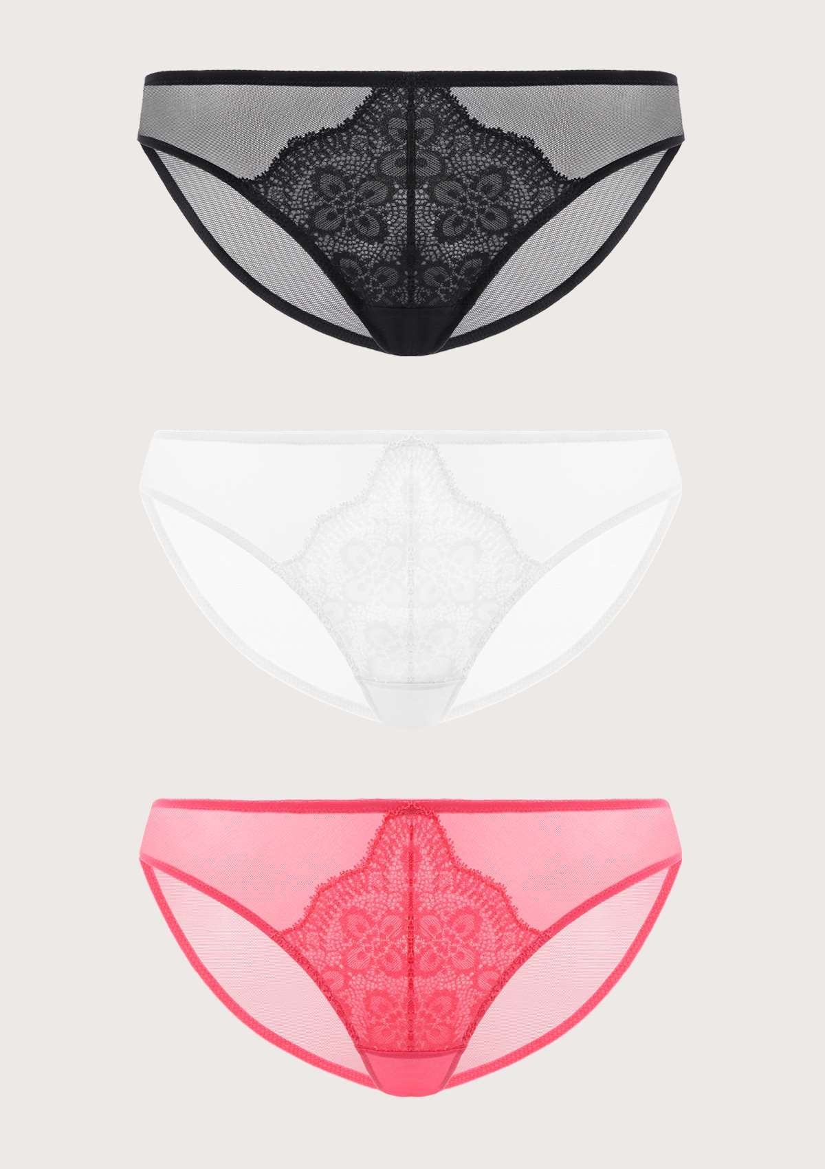 HSIA Front Flower Lace Bikini Underwear 3 Pack - L / Black+White+Pink