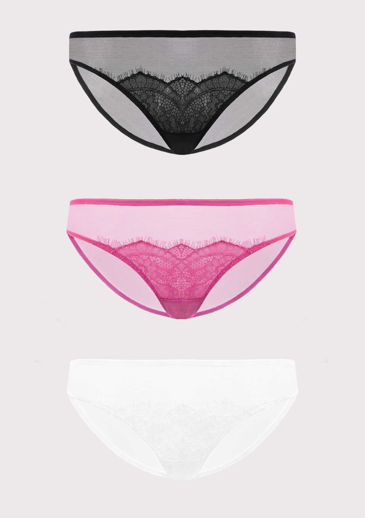 HSIA Mesh Eyelash Lace Bikini Panties 3 Pack - S / Black+Pink+White