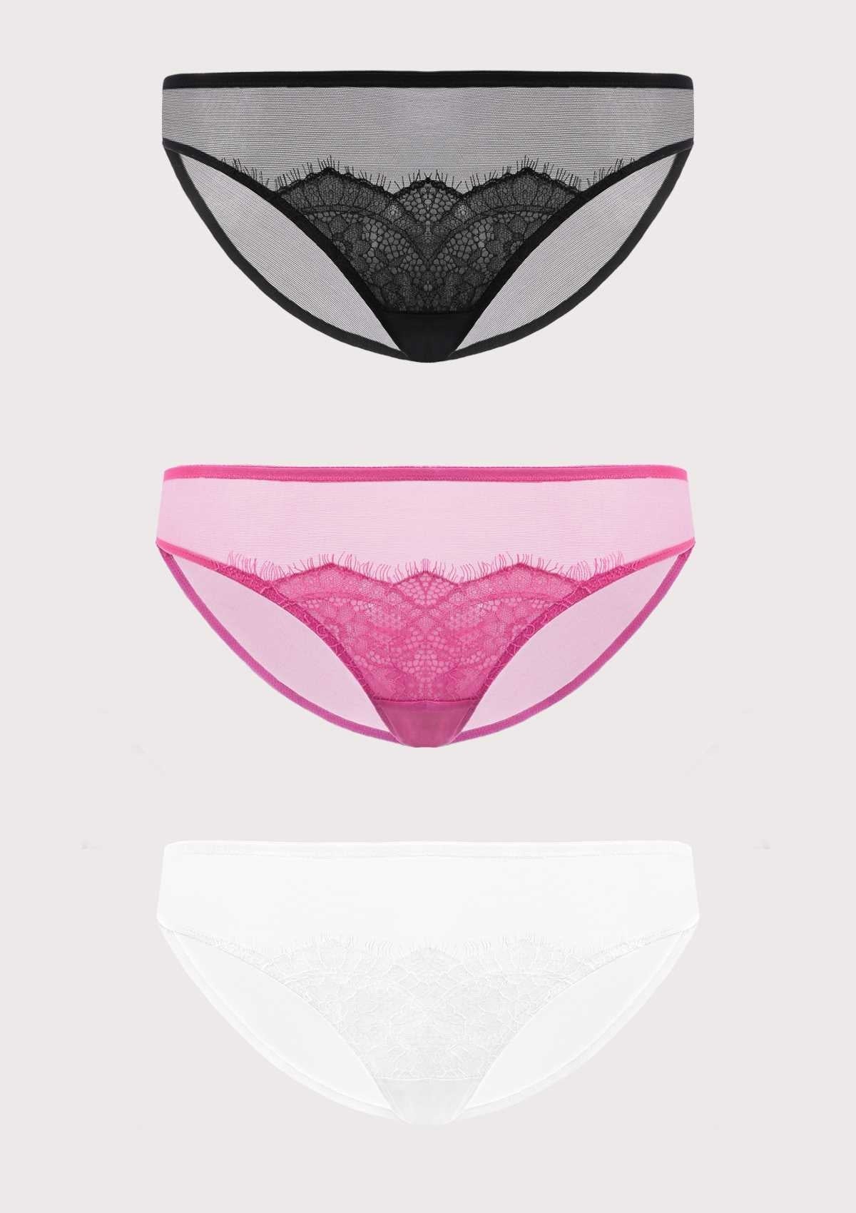 HSIA Mesh Eyelash Lace Bikini Panties 3 Pack - L / Black+Pink+White