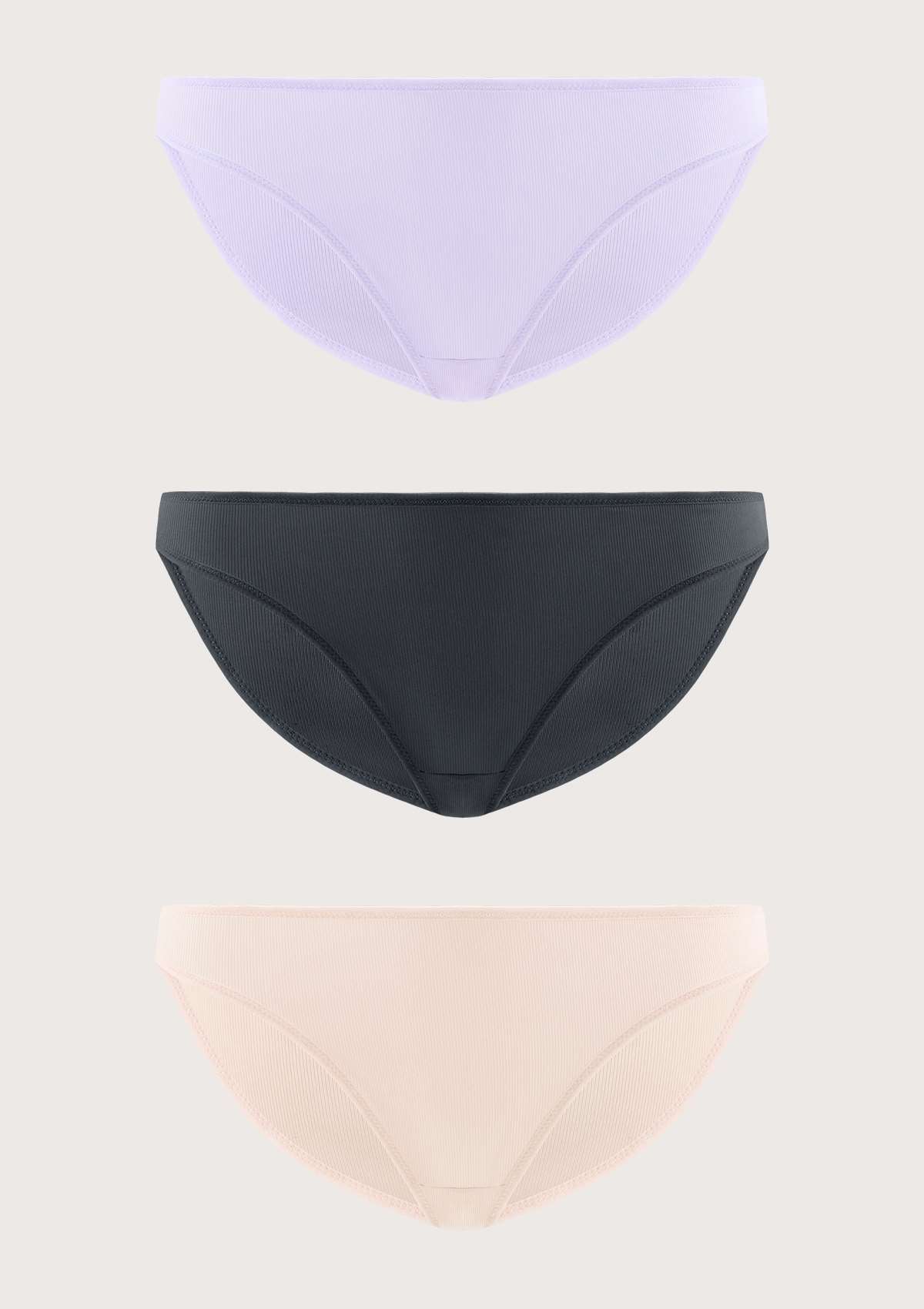 HSIA Ribbed Knit Cotton Bikini Underwear 3 Pack - XXL / Dark Gray+Pink Beige+Purple