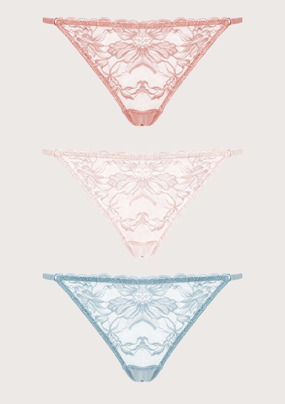 HSIA Pretty In Petals: 3-Pack Of Sexy Floral Chic Lace String Thongs - M / Light Coral+Dusty Peach+Pewter Blue