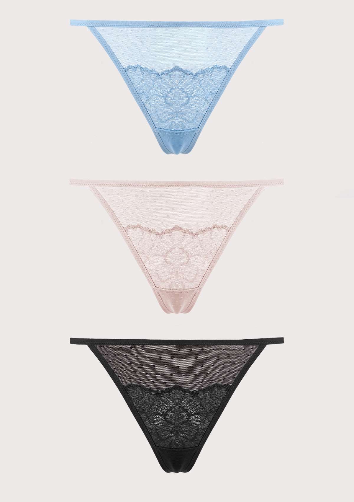 HSIA Blossom Floral Lace Mesh Cheeky Sexy String Thongs - 3 Pack - M / Storm Blue+Dark Pink+Black