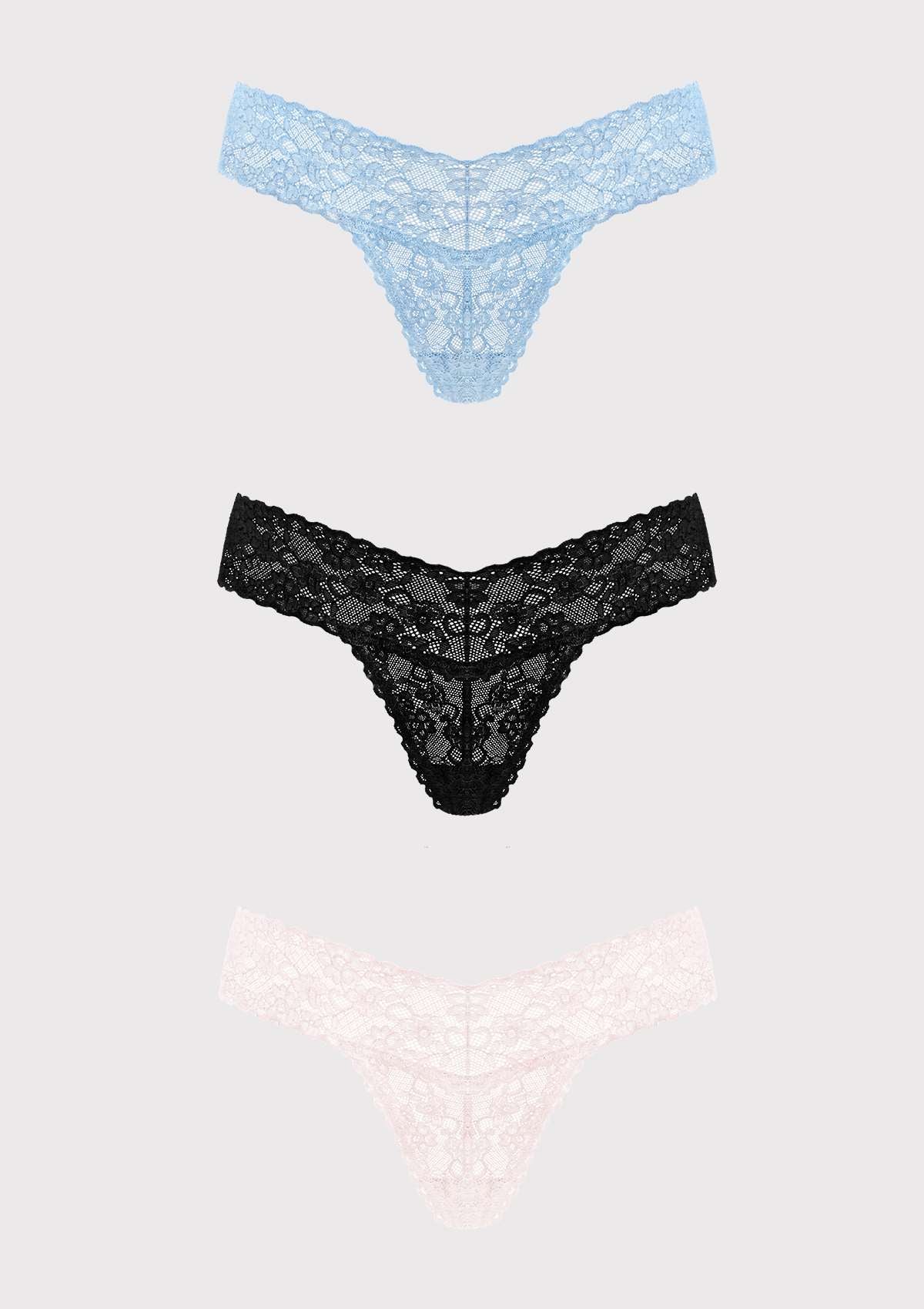 HSIA Soft Sexy Lace Cheeky Thong Underwear 3 Pack - S / Black+Storm Blue+Dusty Peach