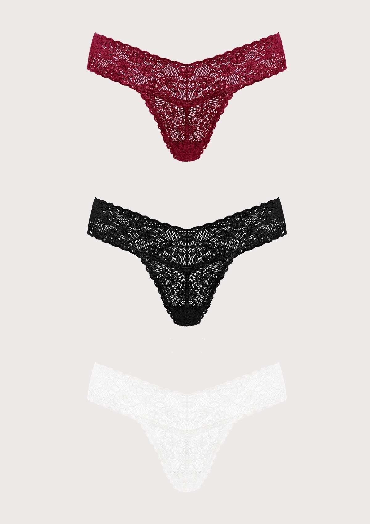 HSIA Soft Sexy Lace Cheeky Thong Underwear 3 Pack - S / Black+Burgundy+White