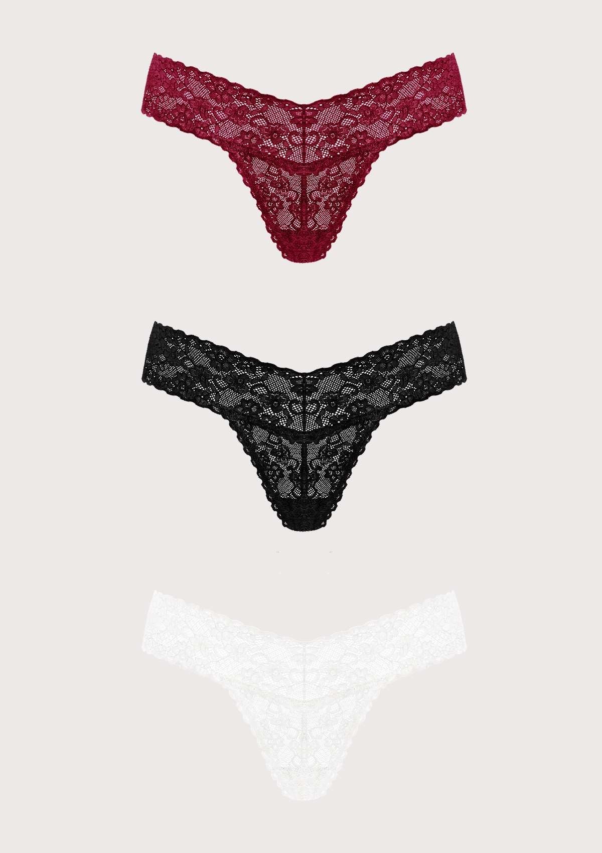 HSIA Soft Sexy Lace Cheeky Thong Underwear 3 Pack - XL / Black+Burgundy+White