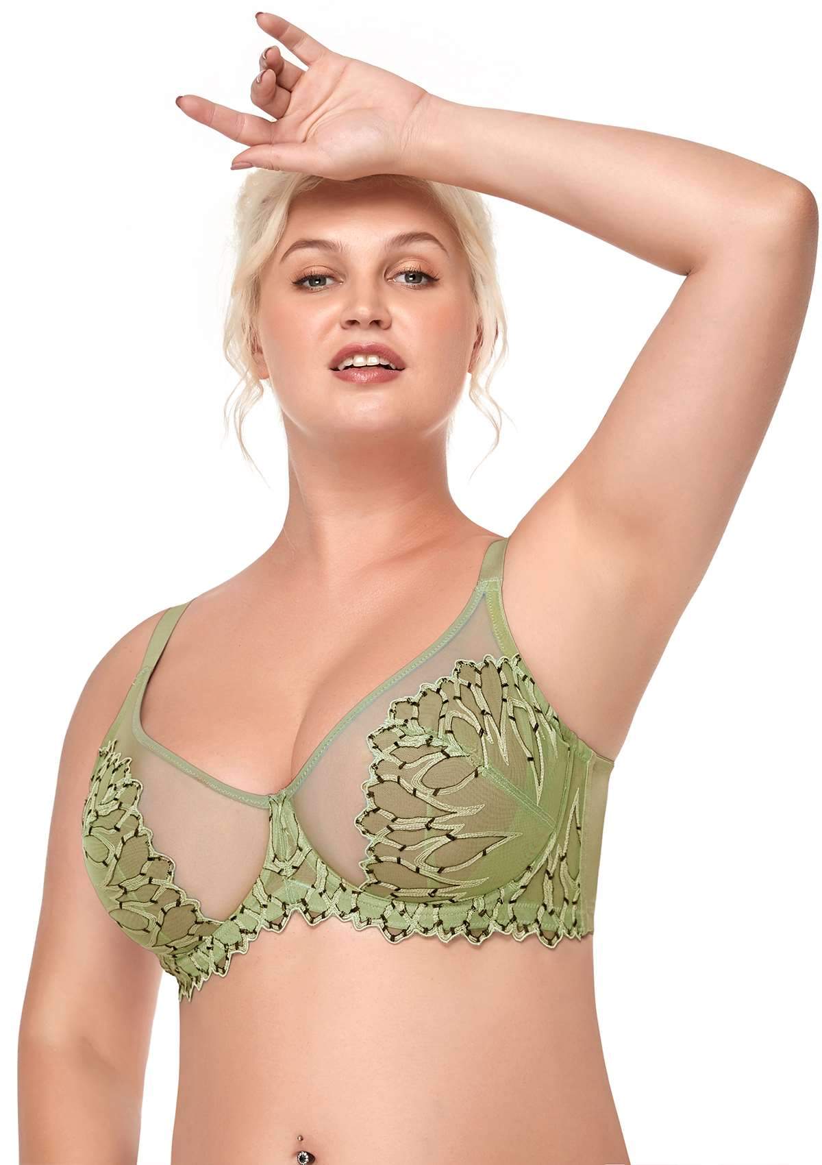 HSIA Chrysanthemum Floral Embroidered Bra: Lace Sheer Unpadded Bra - Green / 34 / DD/E