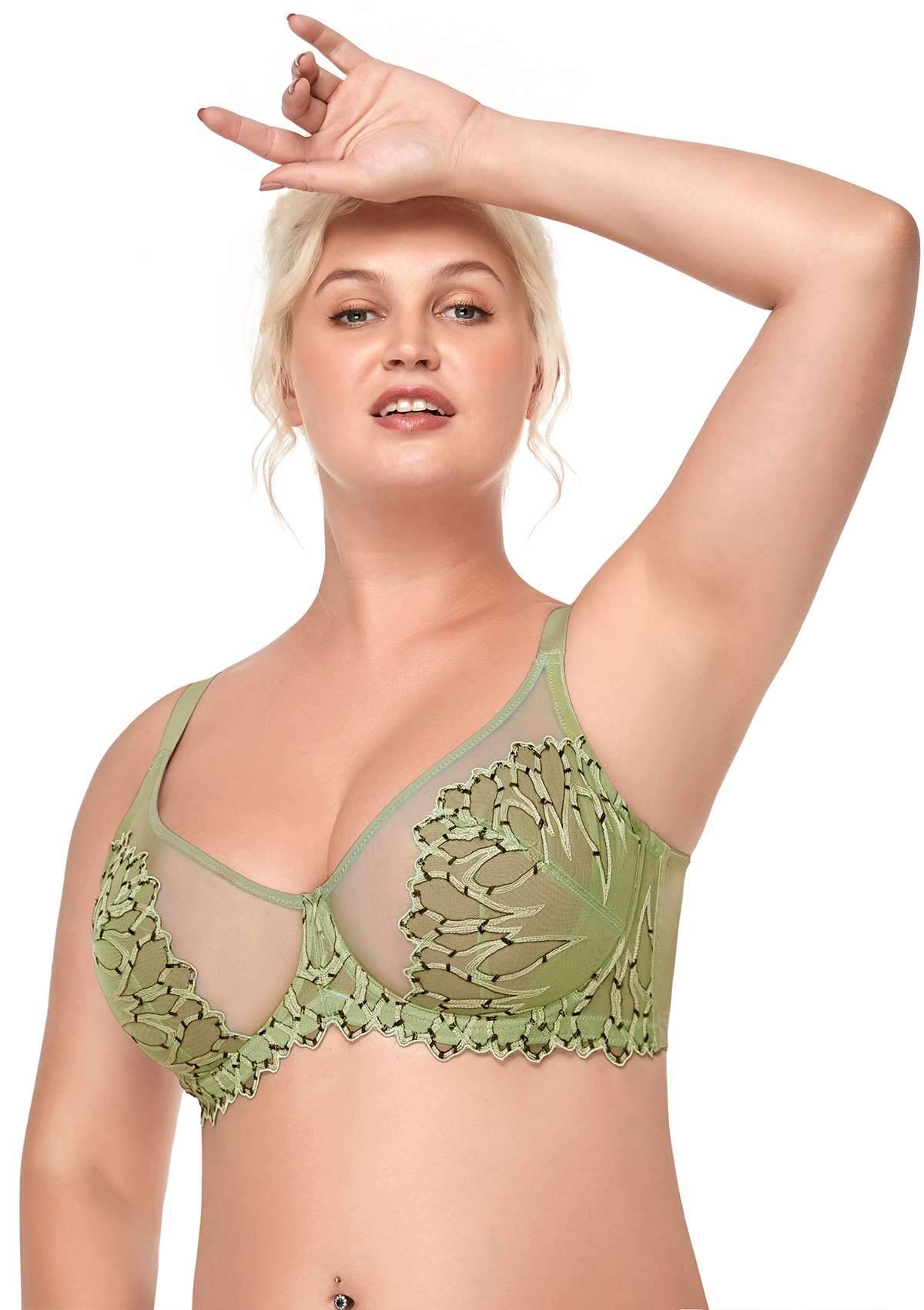 HSIA Chrysanthemum Floral Embroidered Bra: Lace Sheer Unpadded Bra - Green / 36 / DD/E