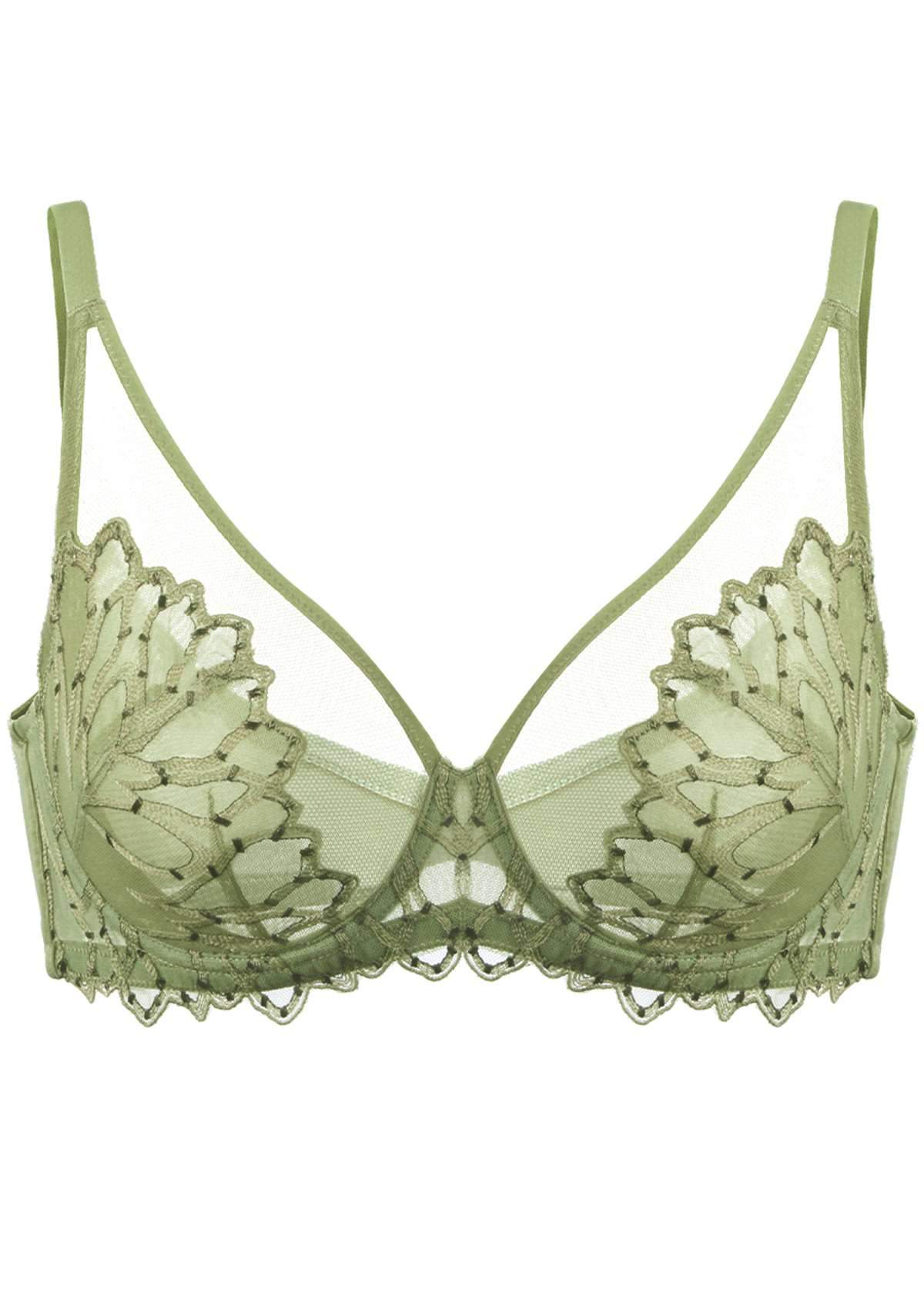 HSIA Chrysanthemum Floral Embroidered Bra: Lace Sheer Unpadded Bra - Green / 36 / C
