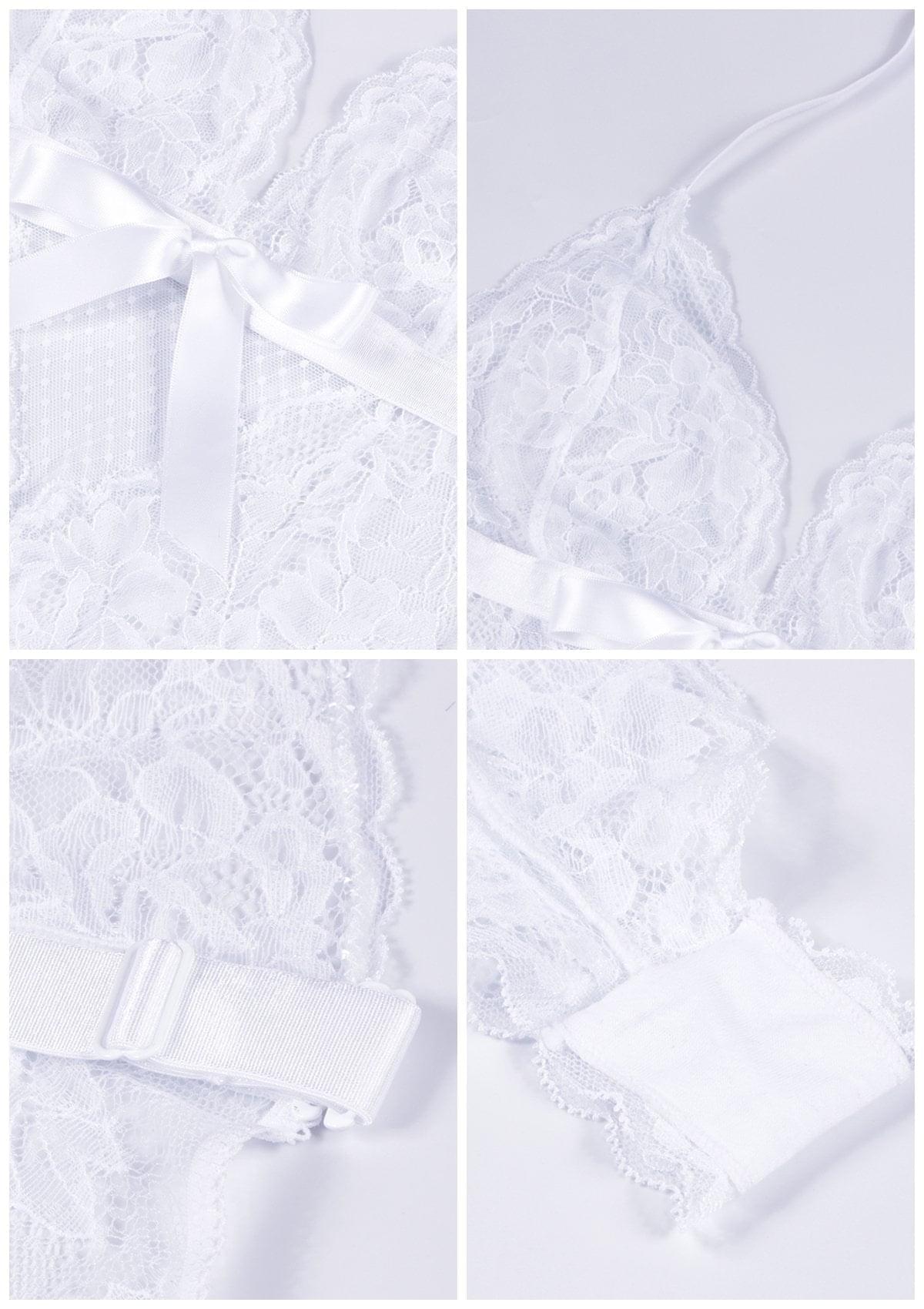 HSIA Deep V Lace Sheer Mesh Bodysuit Lingerie - XXL / White