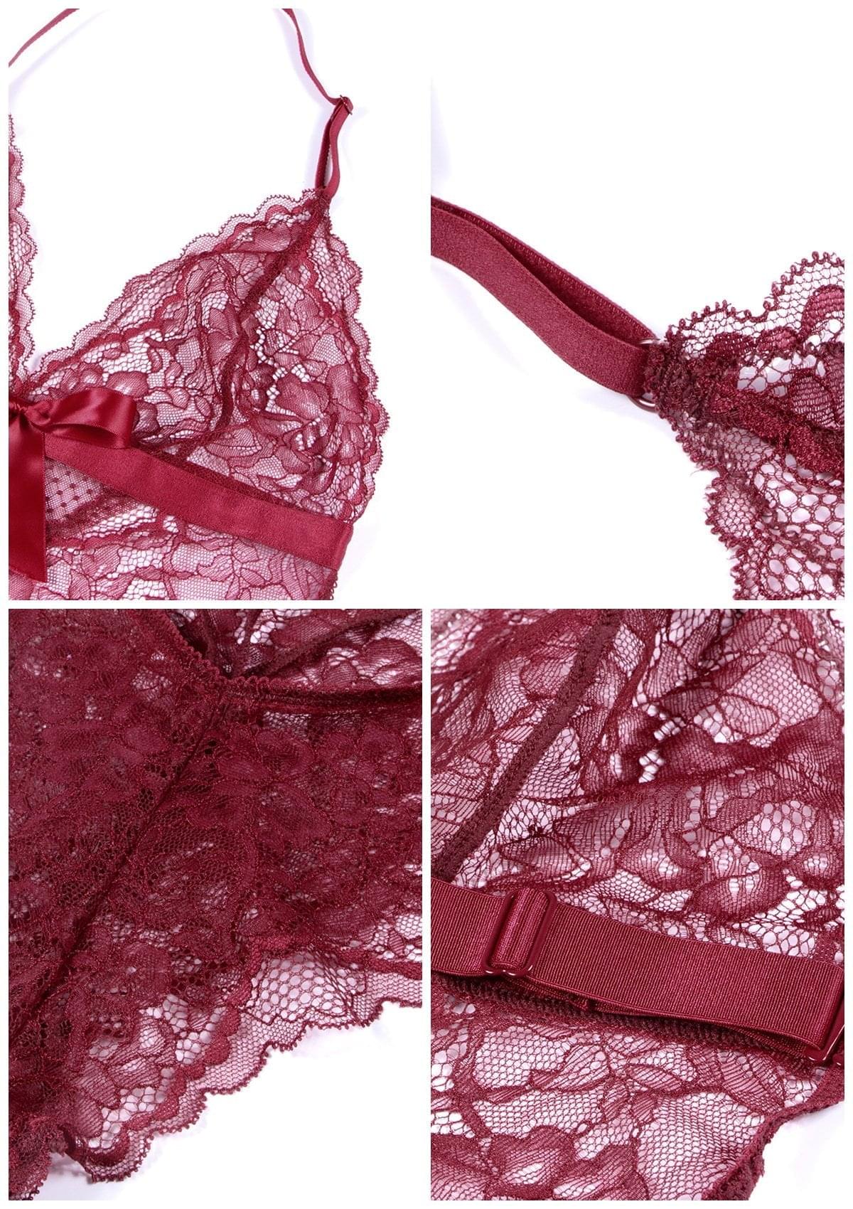 HSIA Deep V Lace Sheer Mesh Bodysuit Lingerie - XXL / Red