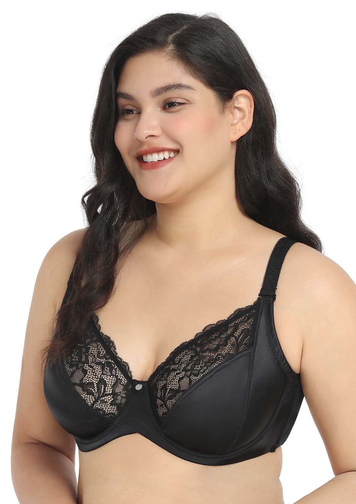 HSIA Foxy Satin Silky Full Coverage Underwire Bra With Floral Lace Trim - Black / 44 / H