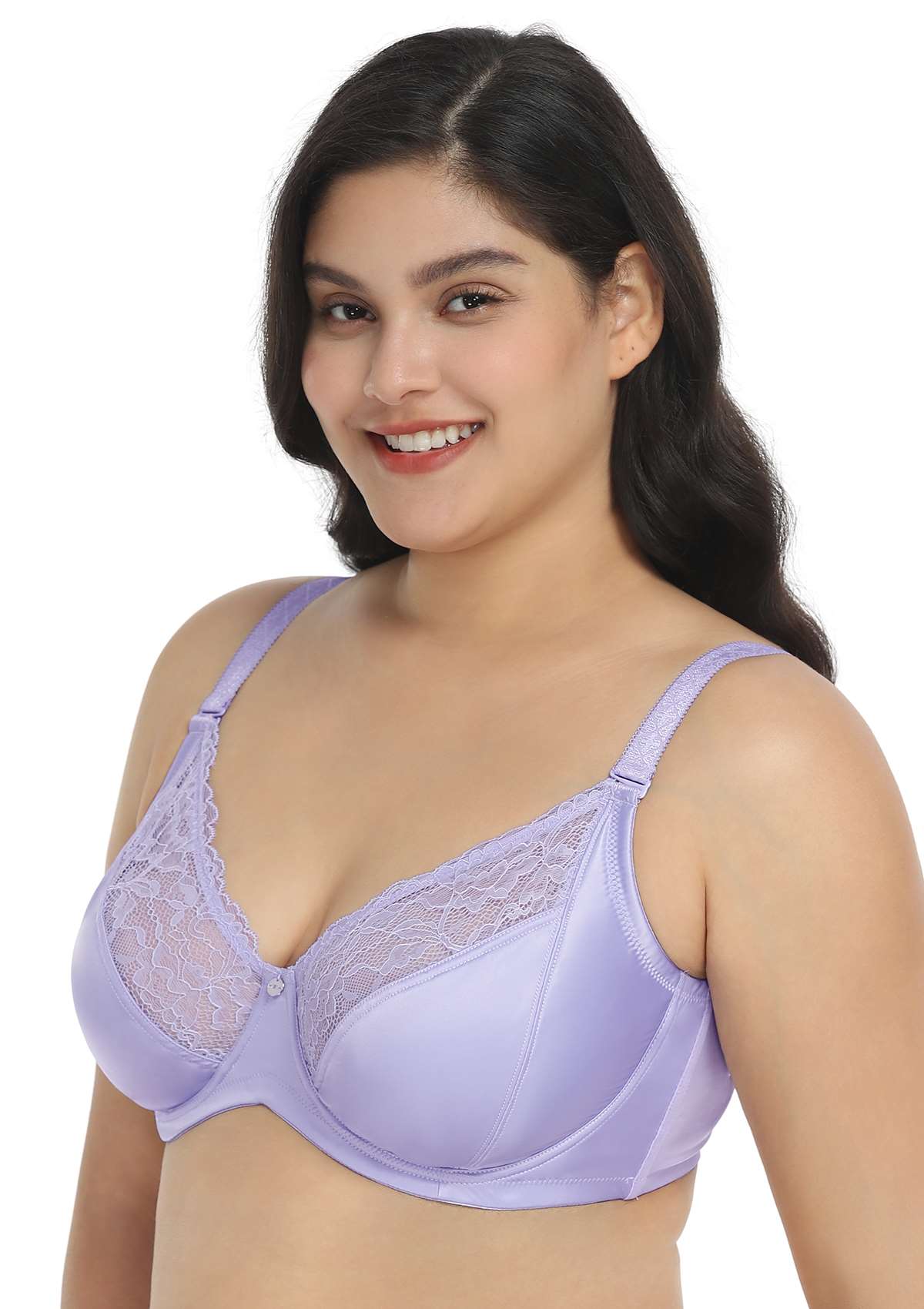HSIA Foxy Satin Silky Full Coverage Underwire Bra With Floral Lace Trim - Purple / 44 / D