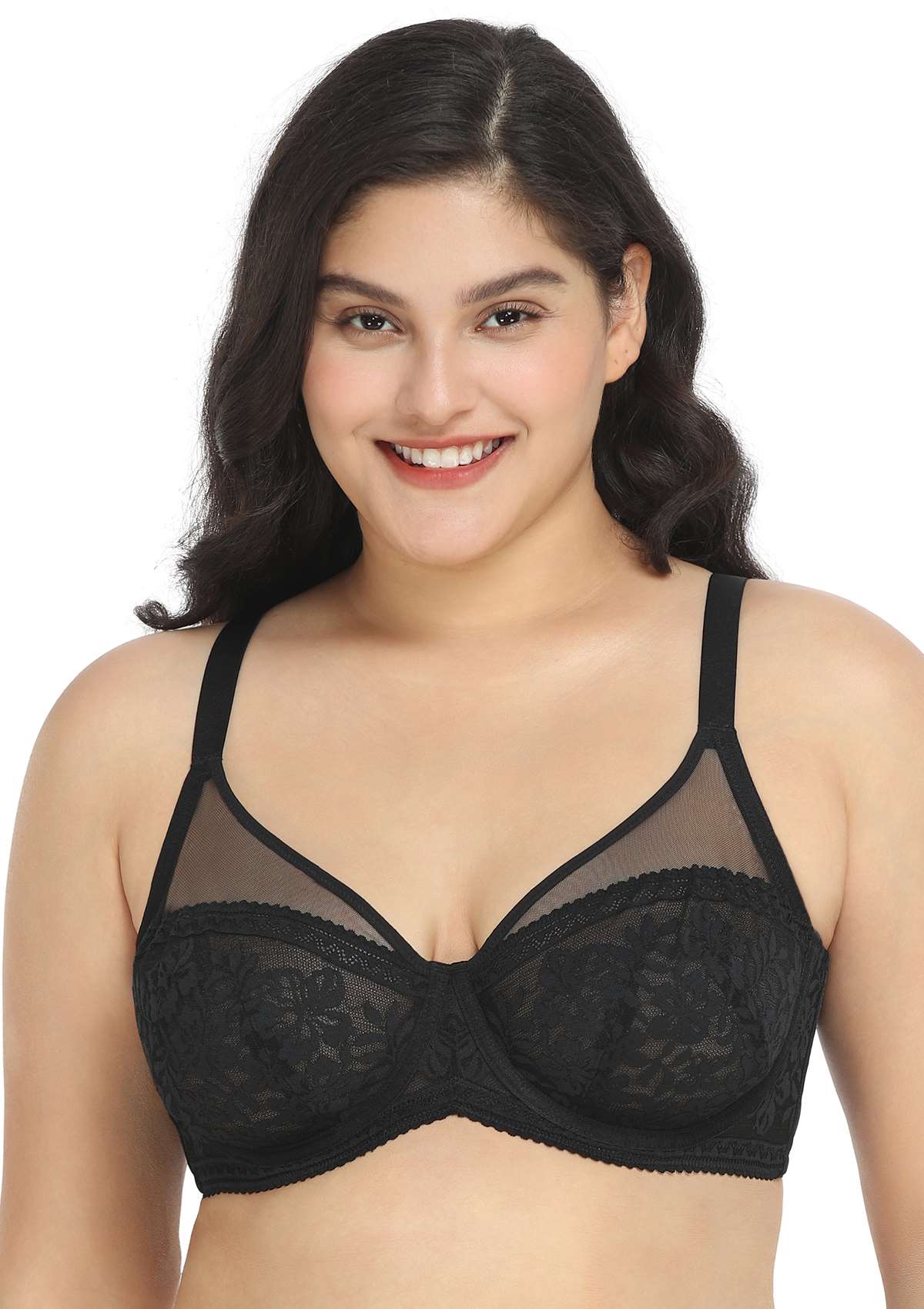 HSIA Gladioli Lace Mesh Minimizing Unlined Underwire Bra For Fuller Busts - Black / 42 / H