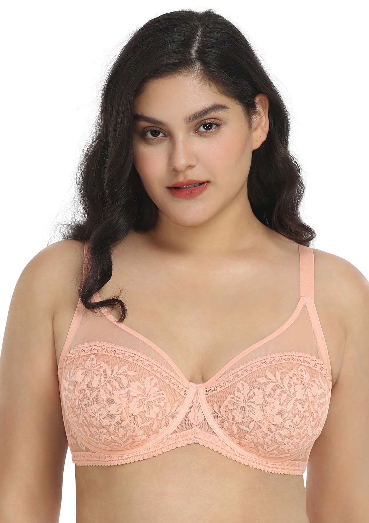 HSIA Gladioli Lace Mesh Minimizing Unlined Underwire Bra For Fuller Busts - Peach / 44 / G