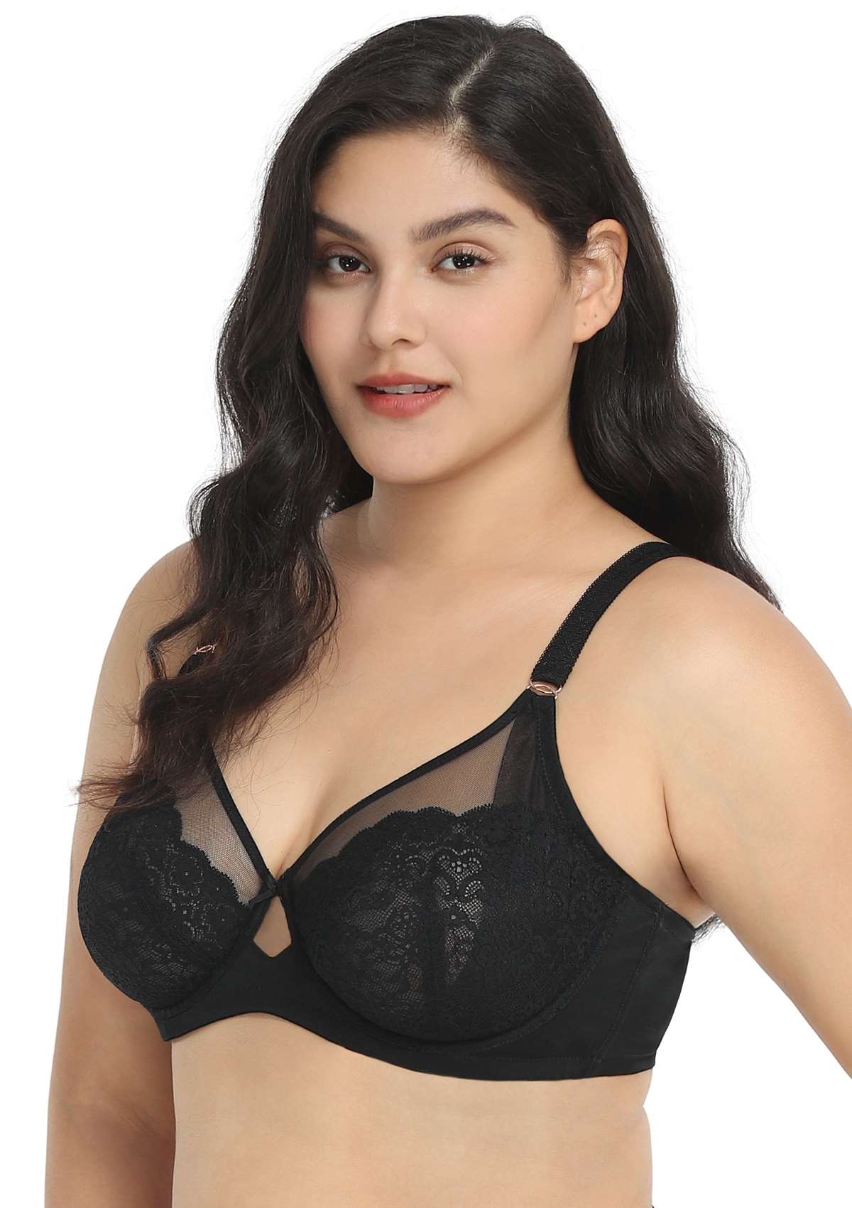 HSIA Nymphaea Cut-out Floral Lace Mesh Minimizer Bra - Black / 40 / DDD/F