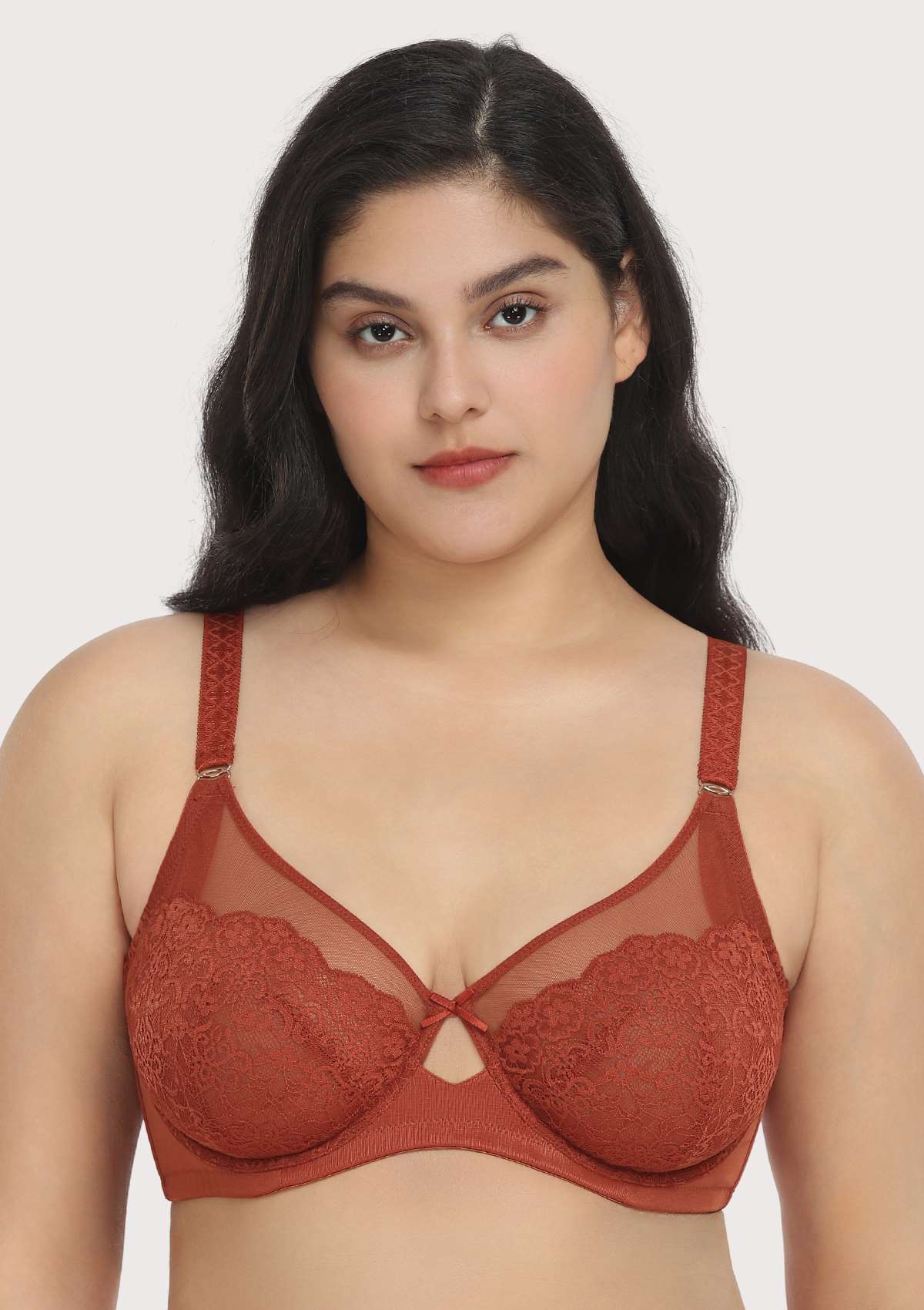 HSIA Nymphaea Cut-out Floral Lace Mesh Minimizer Bra - Copper Red / 34 / C