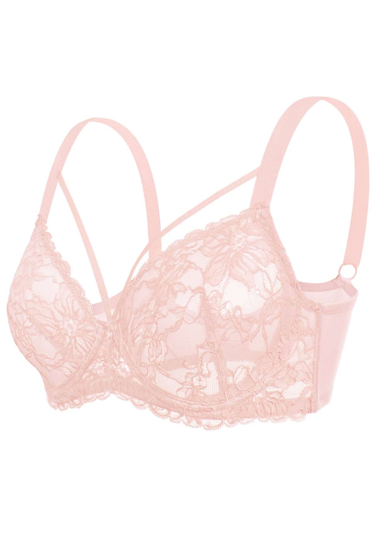 HSIA Pretty In Petals: Strappy Lace Sheer Bra For Side And Back Fat - Beige Cream / 34 / DD/E