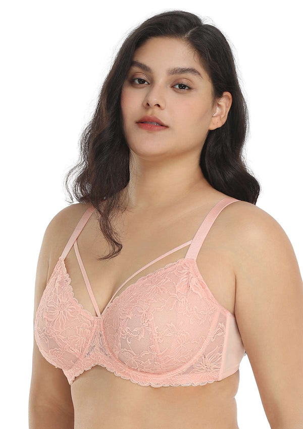 HSIA Pretty In Petals: Strappy Lace Sheer Bra For Side And Back Fat - Beige Cream / 42 / DD/E